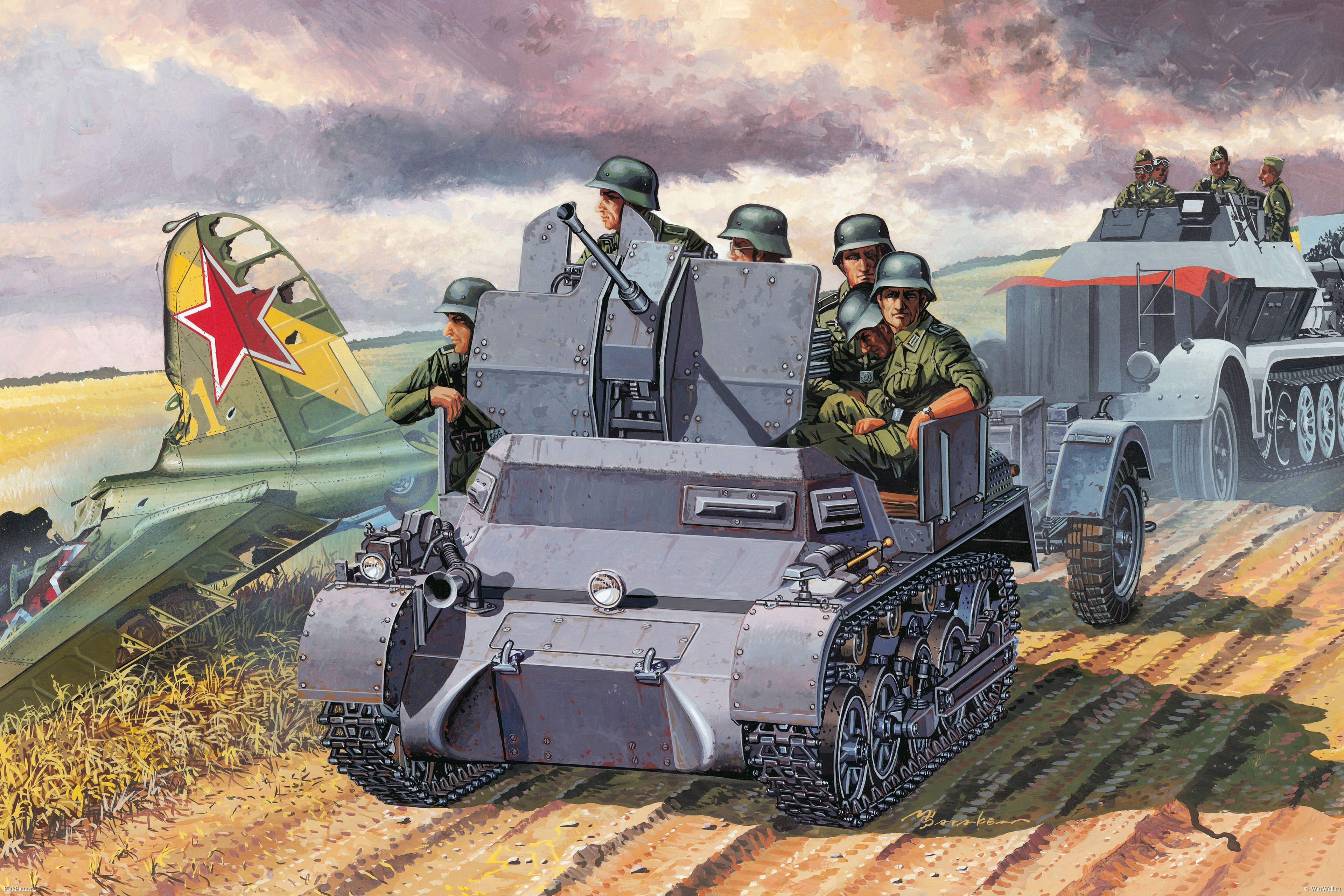 German soldiers with anti-aircraft vehicle and downed Soviet plane HD Wallpaper