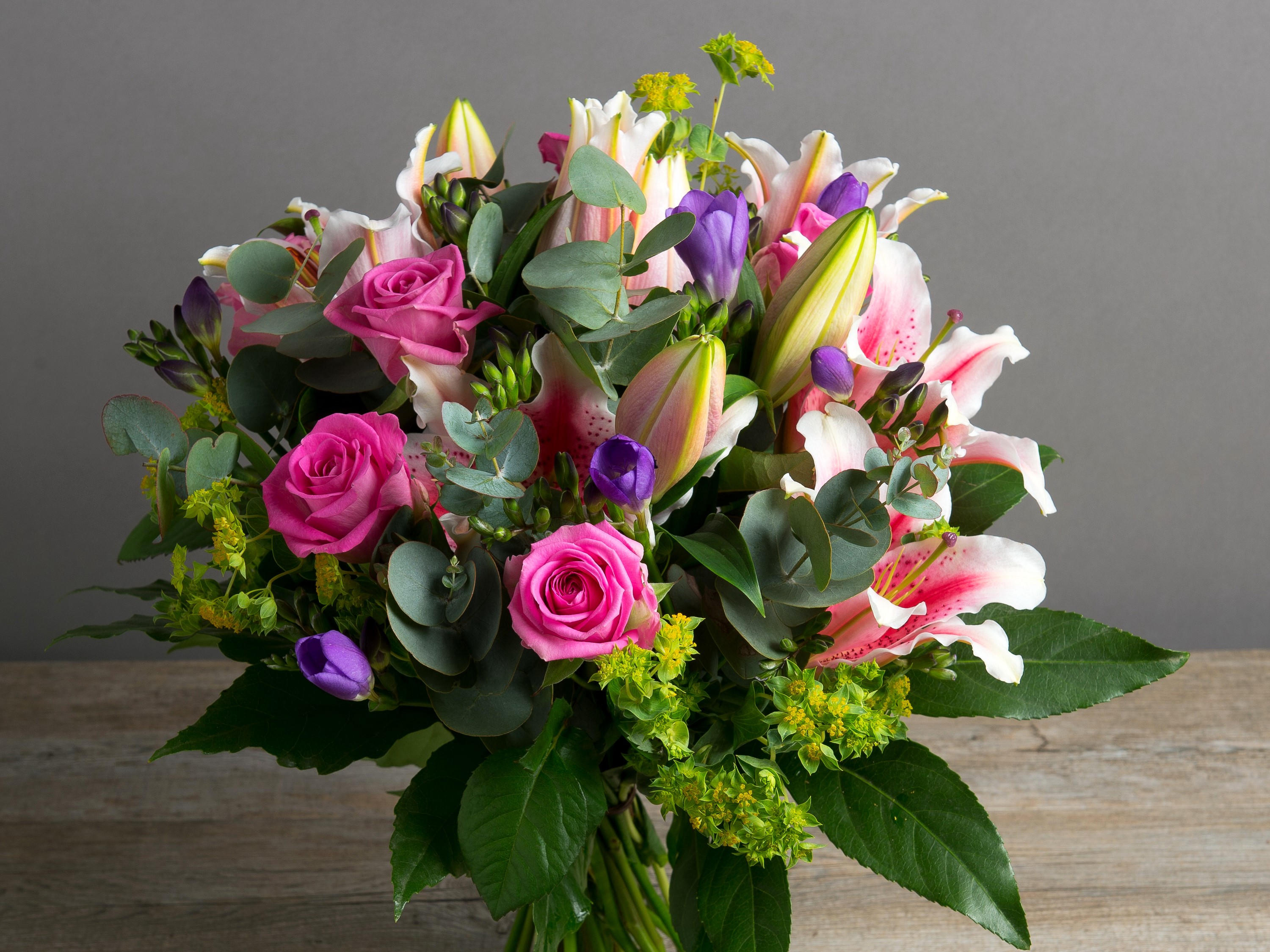 Pink Roses, Lilies, and Freesia Bouquet with Eucalyptus HD Wallpaper