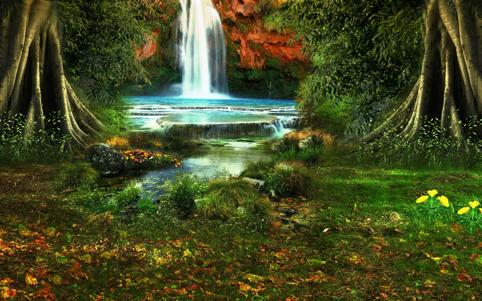 Enchanted forest waterfall with large trees and flowers HD Wallpaper