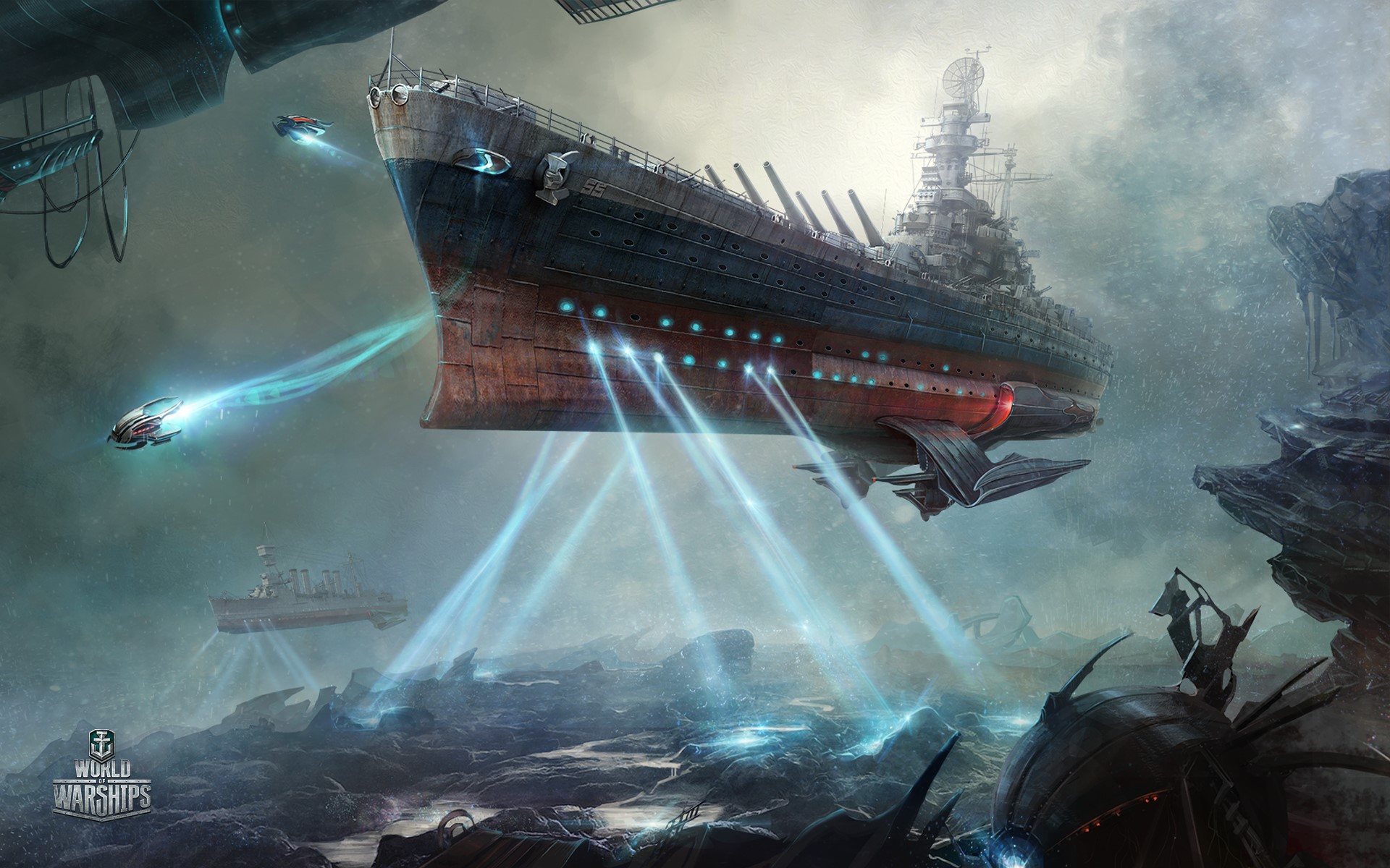 Battleship from World of Warships in a futuristic landscape HD Wallpaper