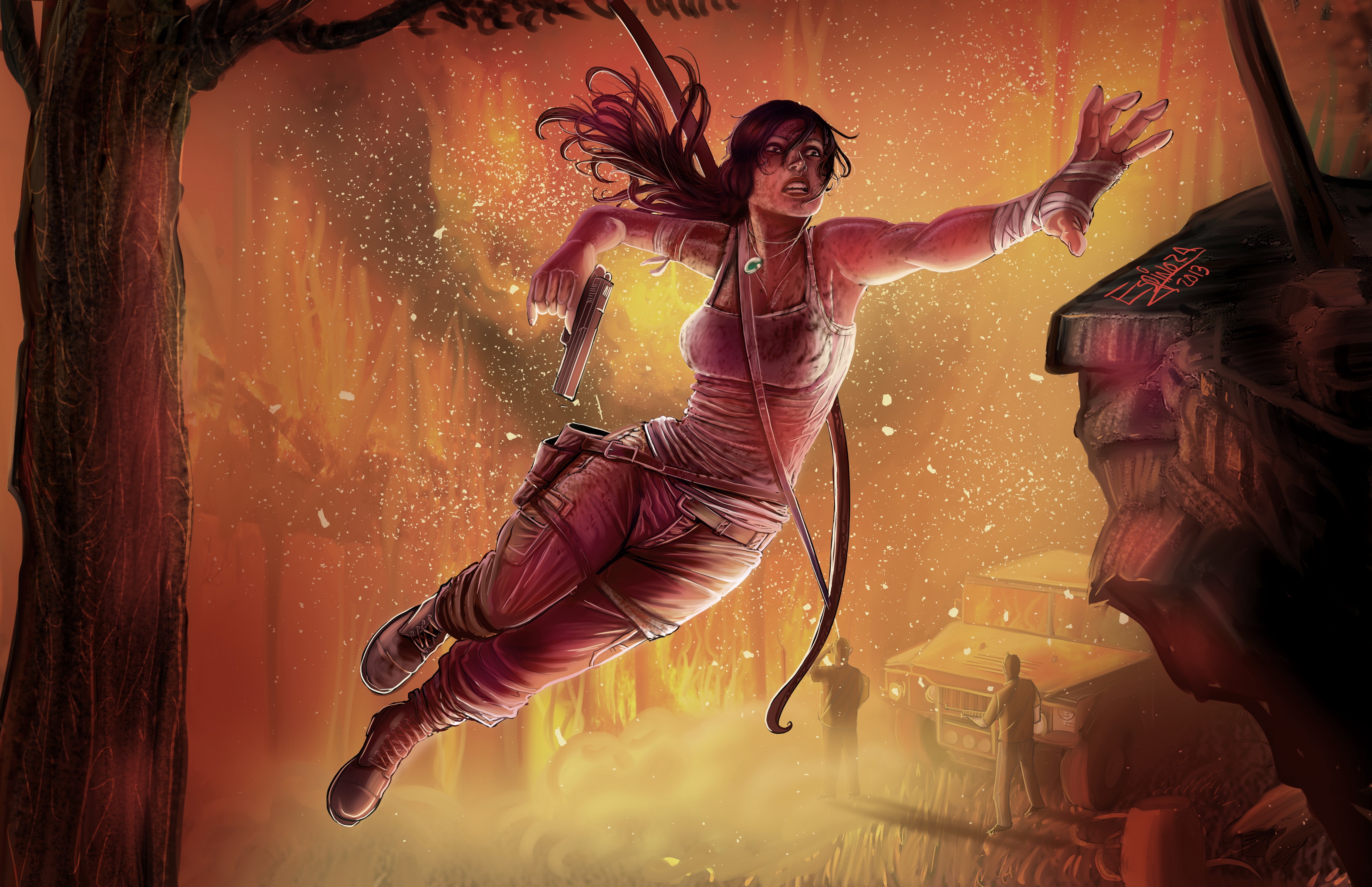 Lara Croft from Tomb Raider jumping in a fiery environment HD Wallpaper