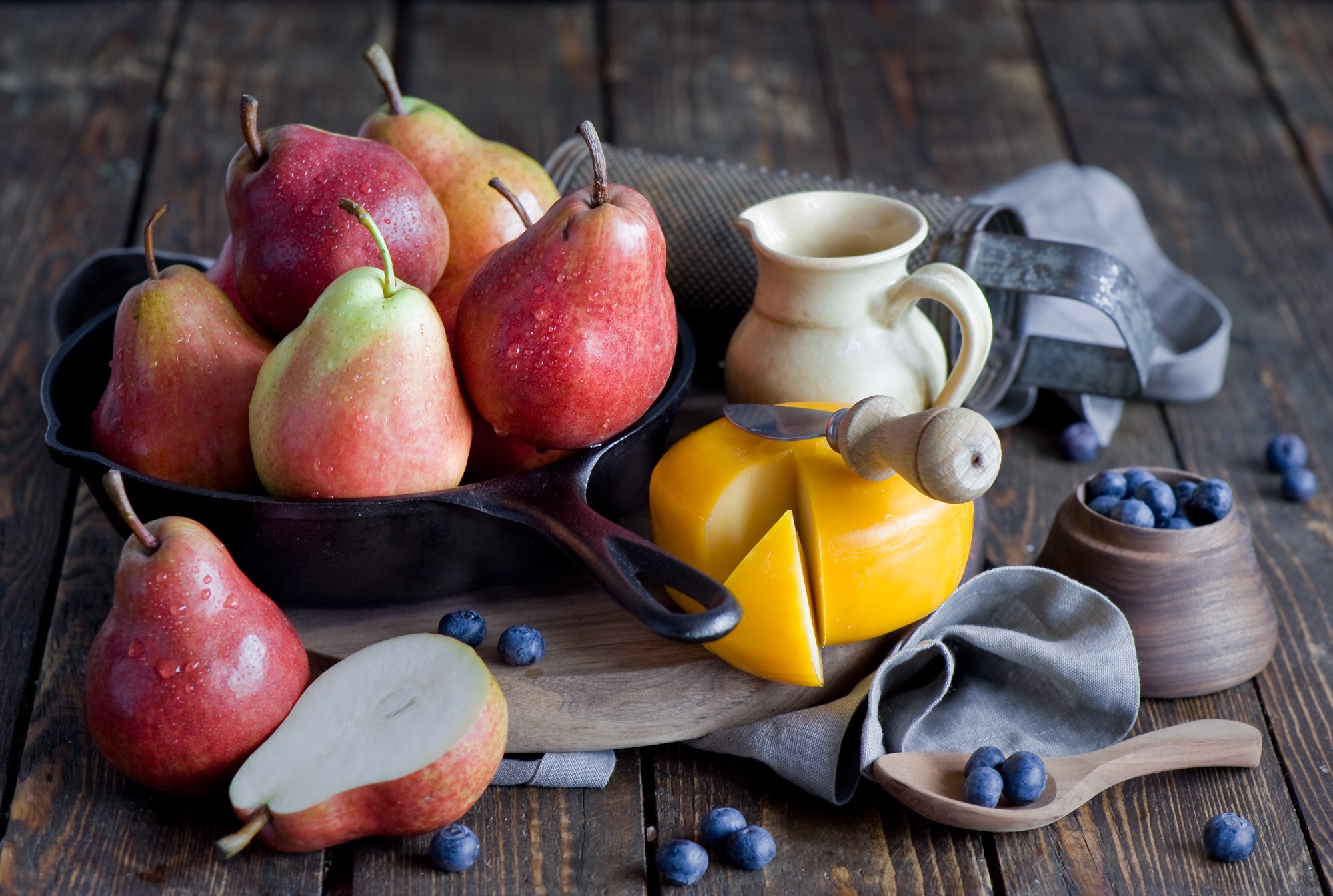 Pears, Blueberries, and Cheese on a Wooden Table HD Wallpaper