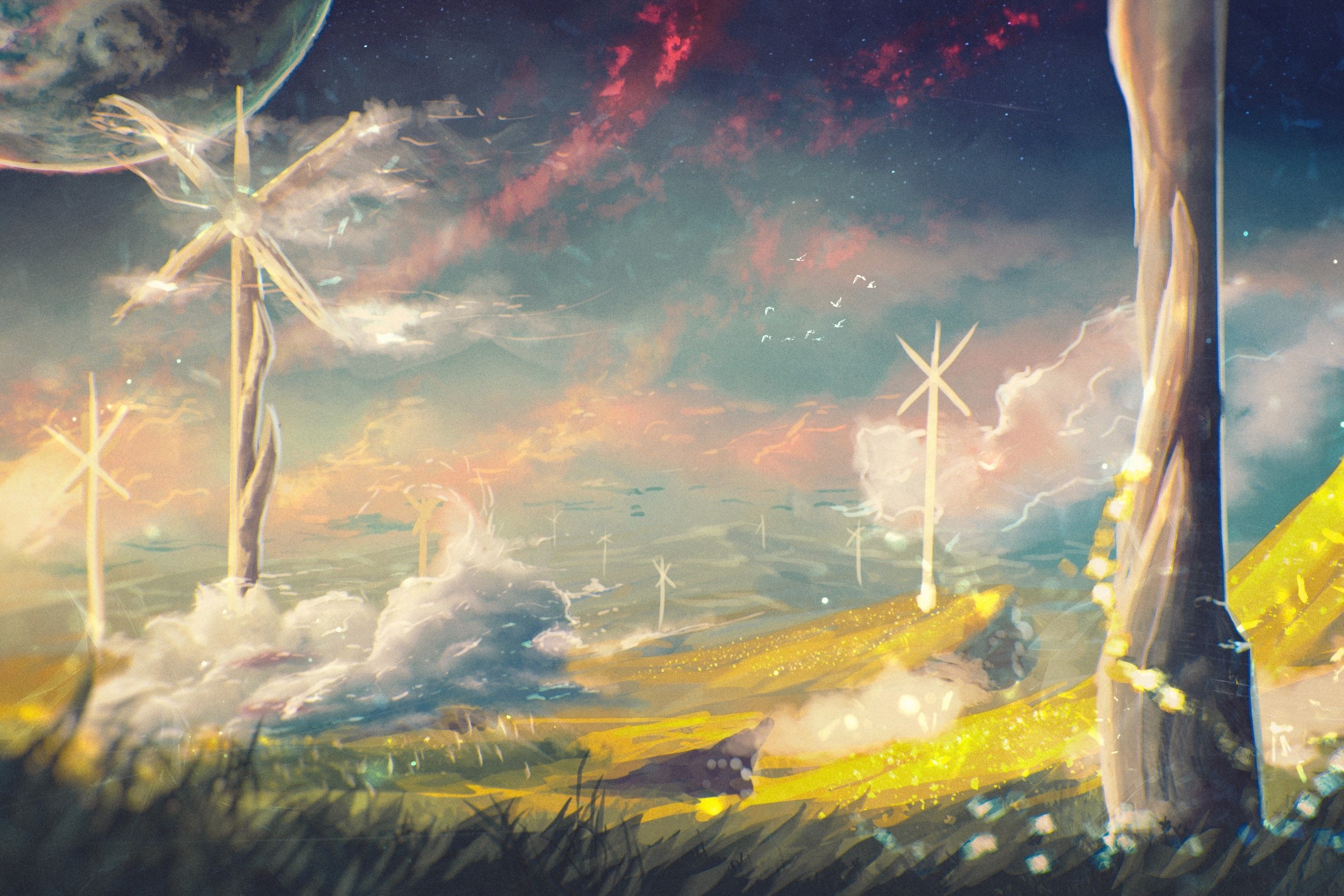 Fantasy landscape with windmills and planets HD Wallpaper
