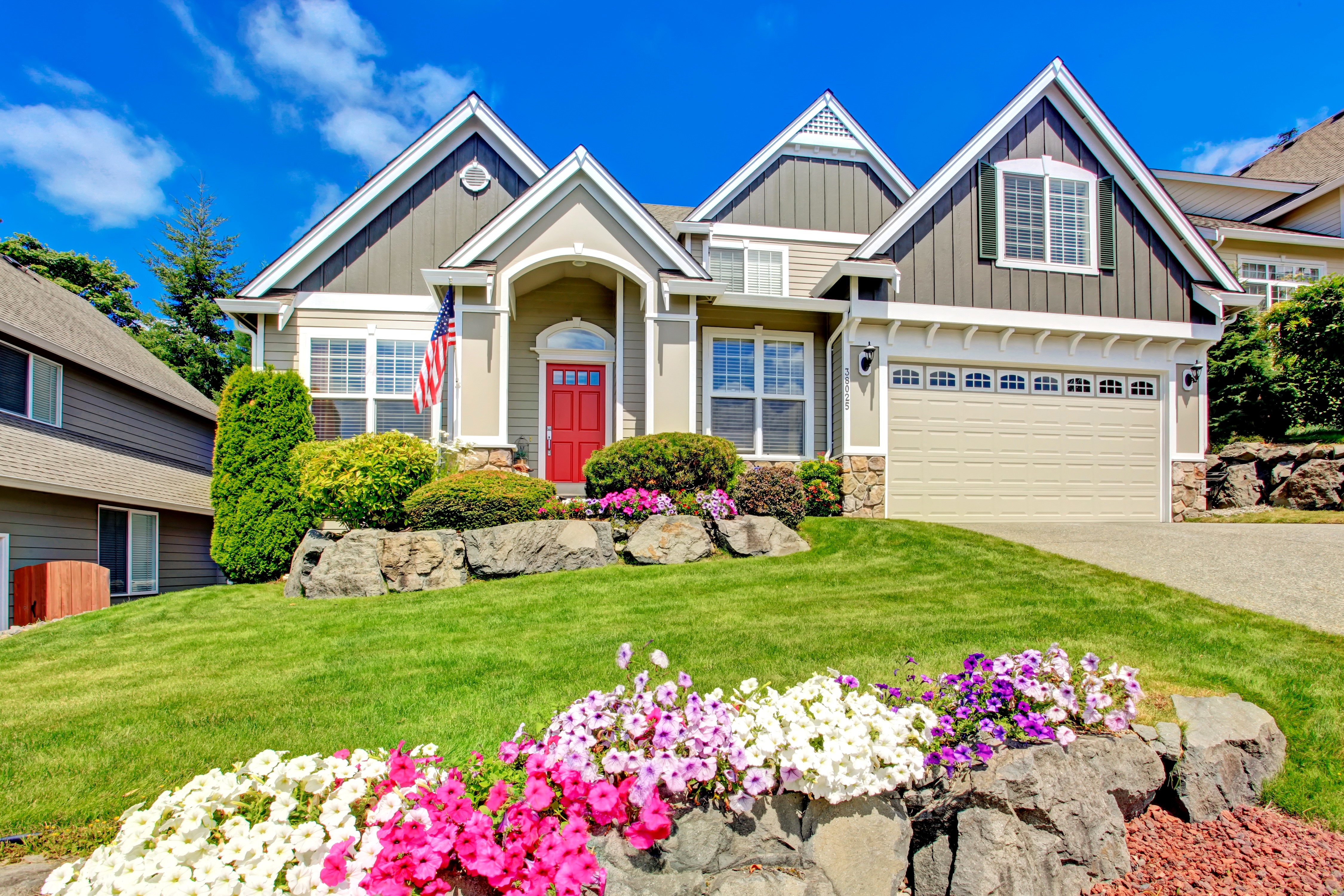 House with Red Door and Flowers HD Wallpaper