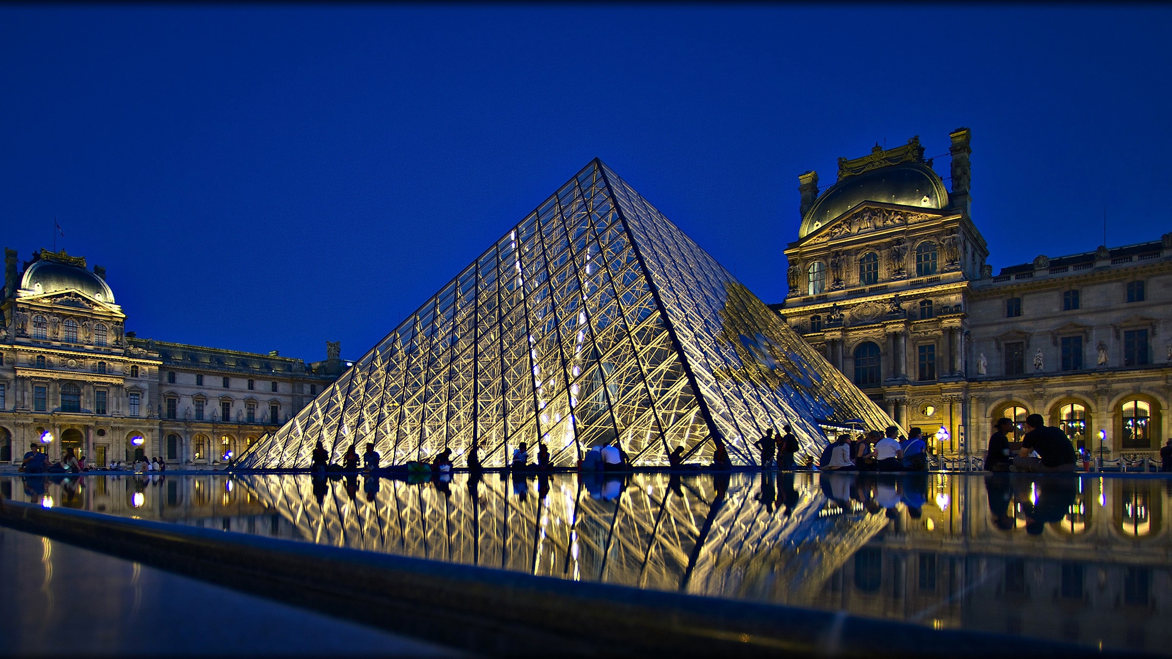 Louvre Pyramid and Palace at Night, Paris HD Wallpaper