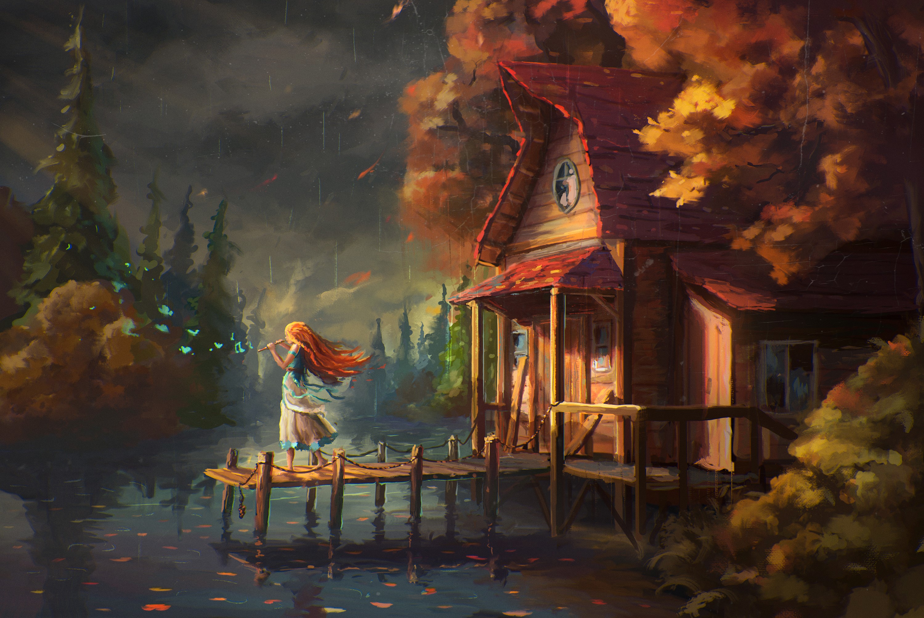 Girl playing flute by a house near a pond HD Wallpaper