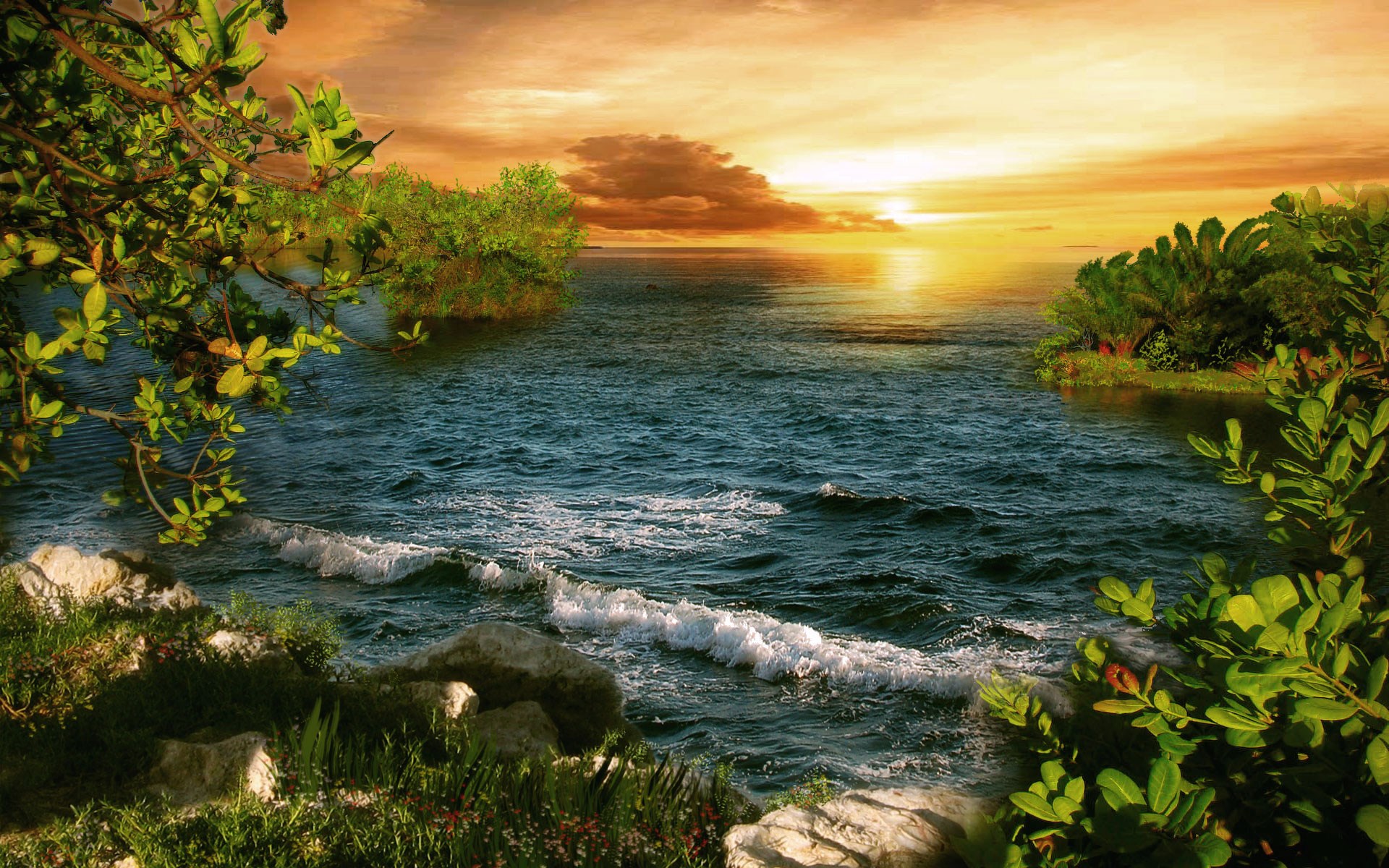 Sunset over the ocean with tropical foliage HD Wallpaper
