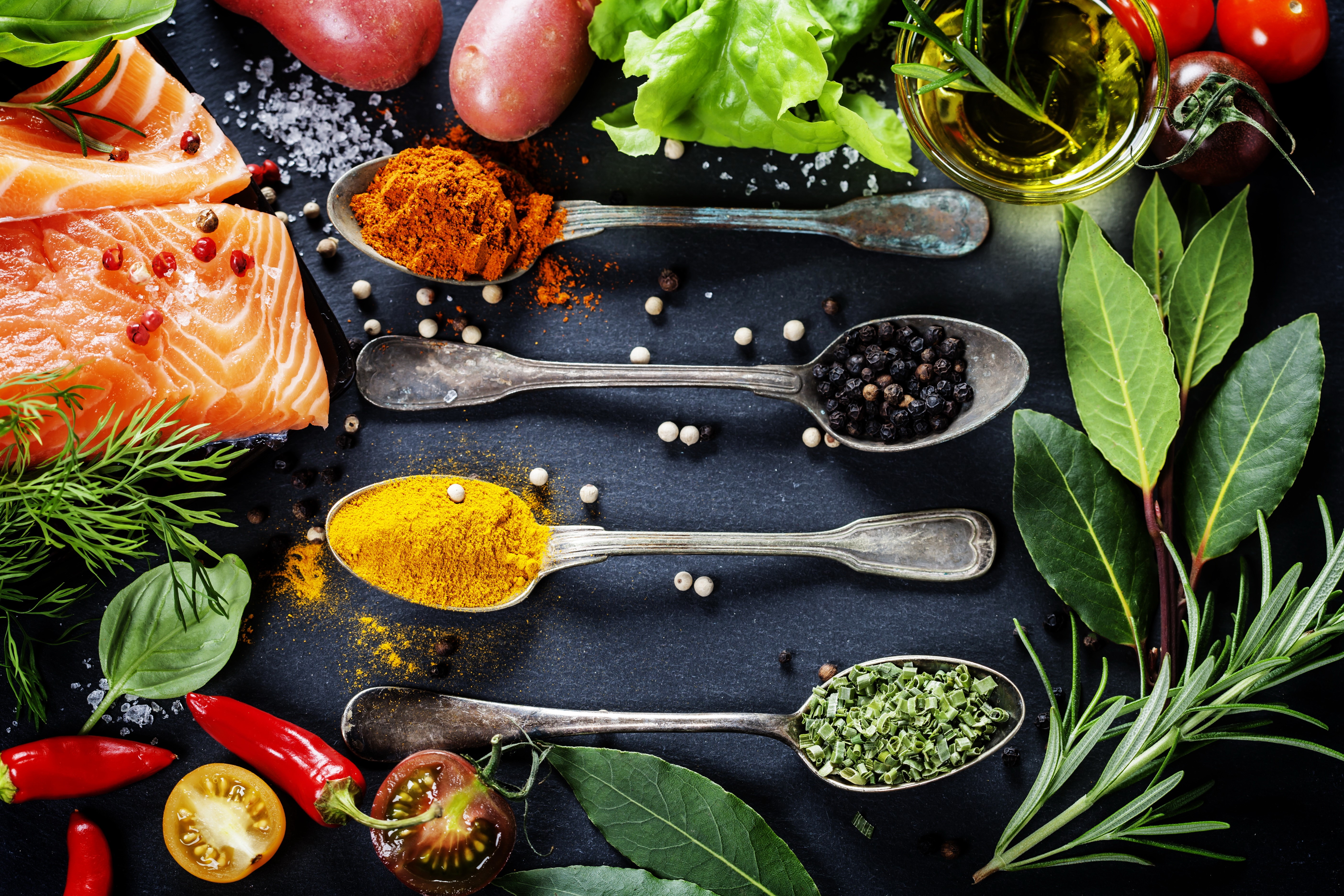 Salmon, Spices, and Vegetables on a Dark Surface HD Wallpaper