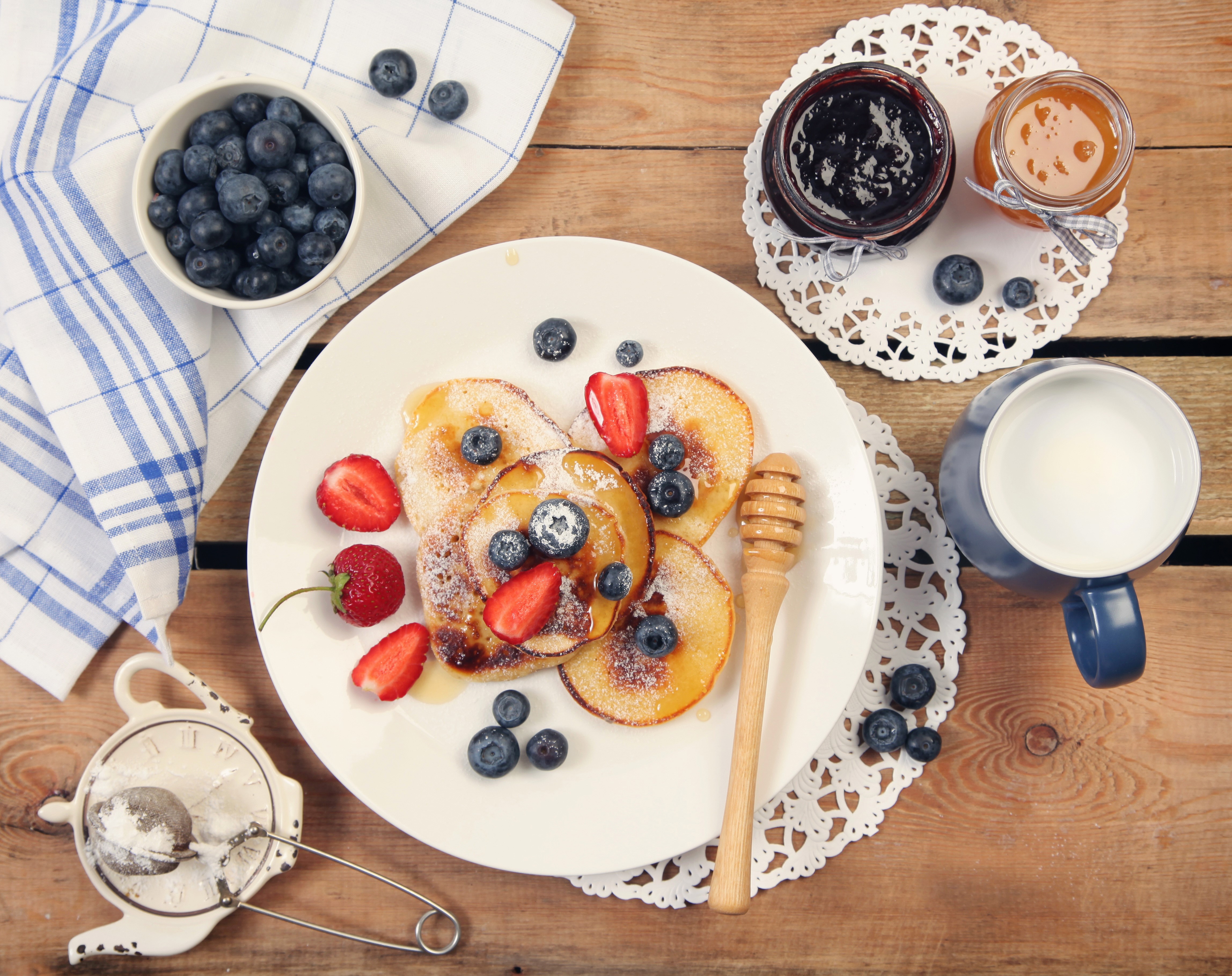 Pancakes with Strawberries, Blueberries, Jam, and Milk HD Wallpaper