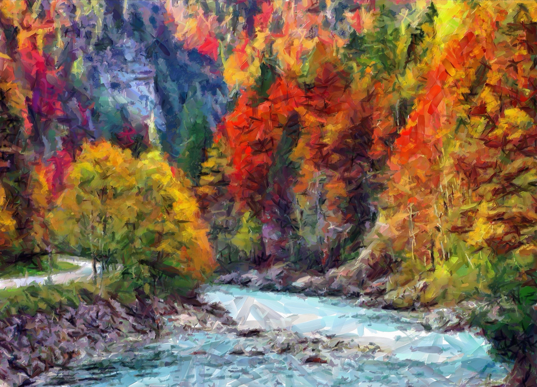 Autumn forest with a river and a road HD Wallpaper