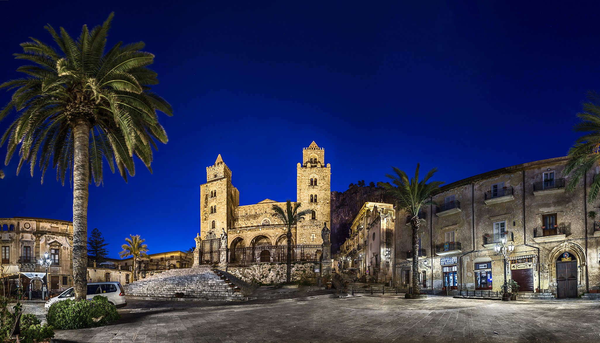Cefalu Cathedral and buildings at night, Sicily HD Wallpaper