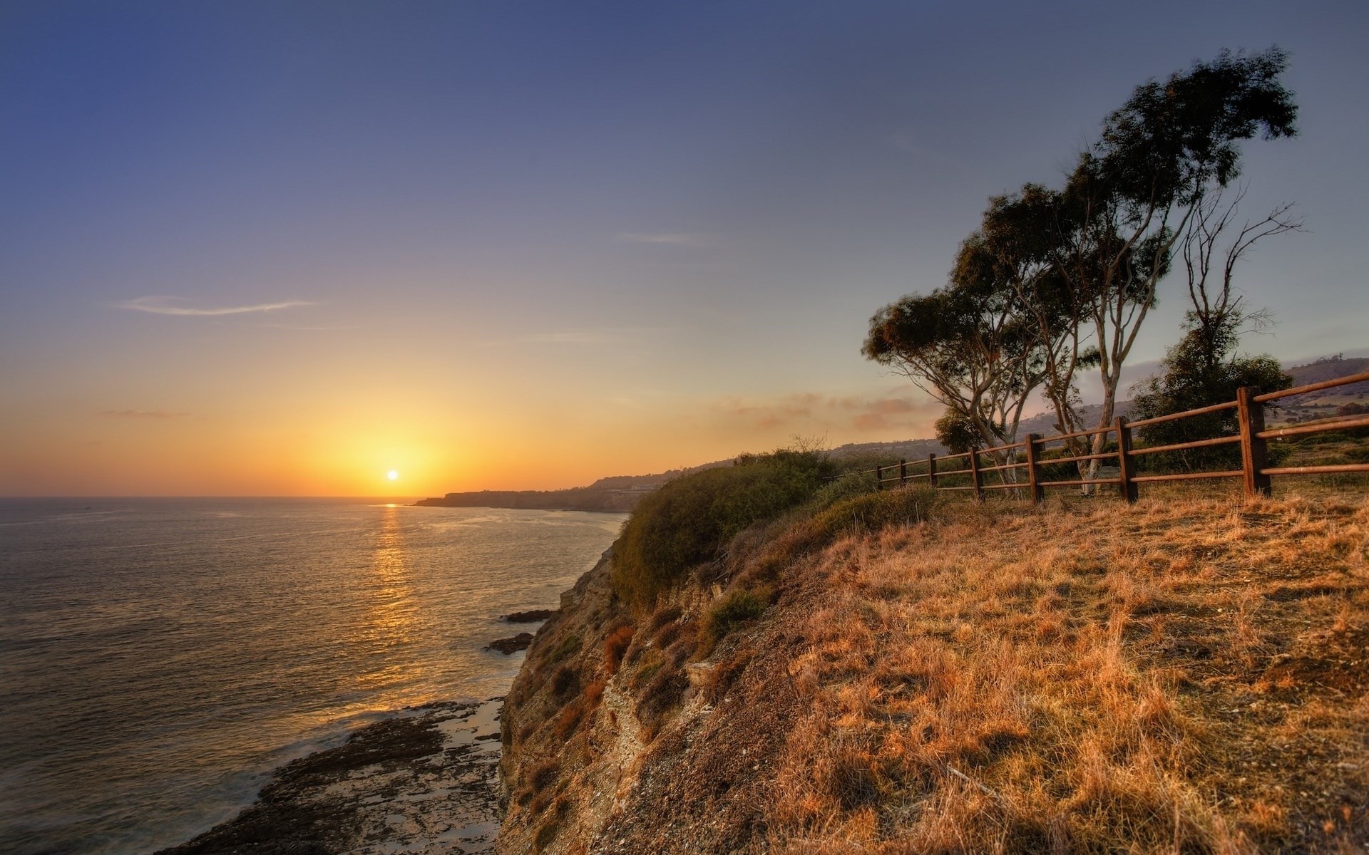 Sunset over the ocean cliff with trees and fence HD Wallpaper