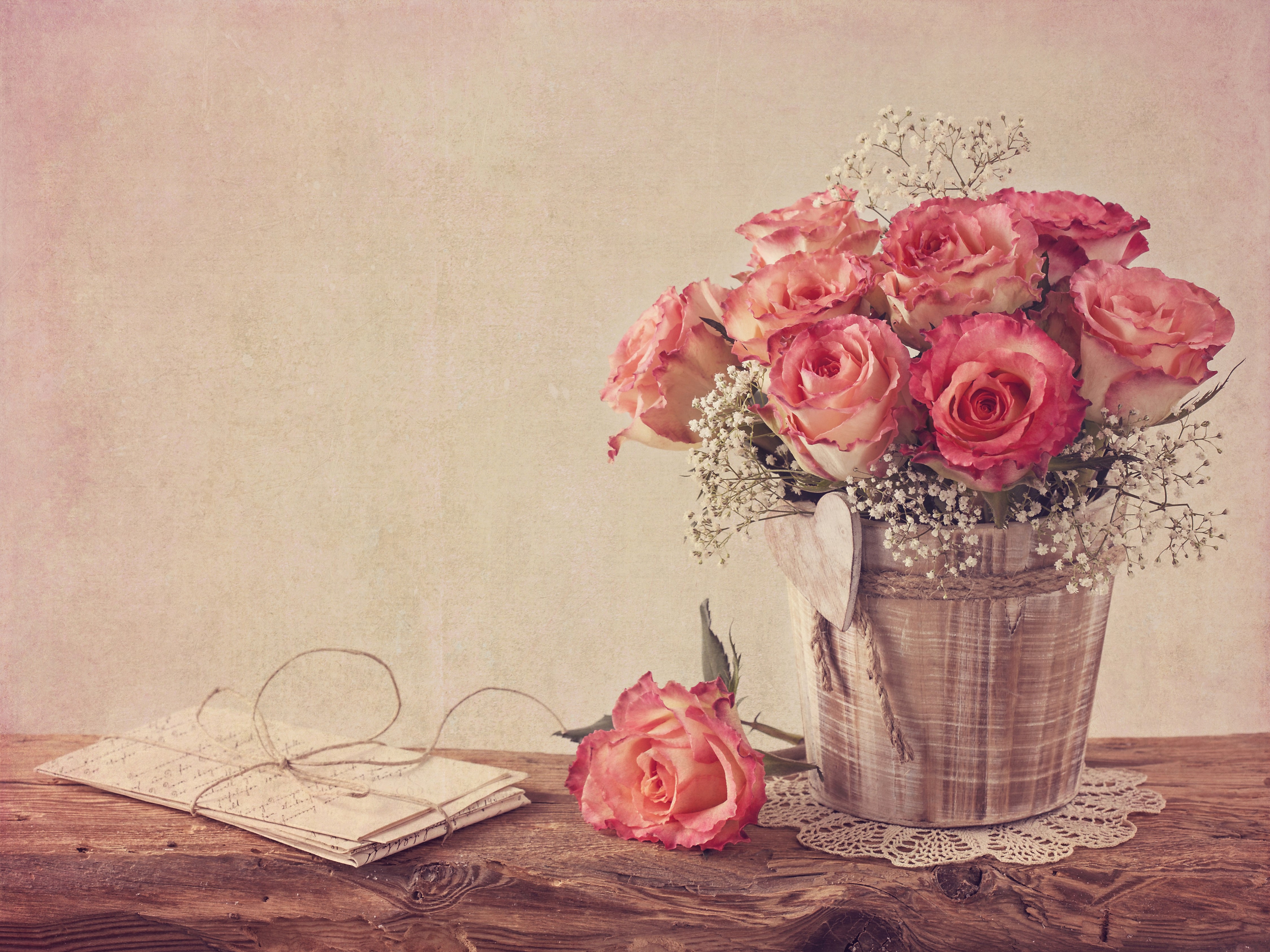 Pink Roses in a Wooden Bucket with Letters HD Wallpaper