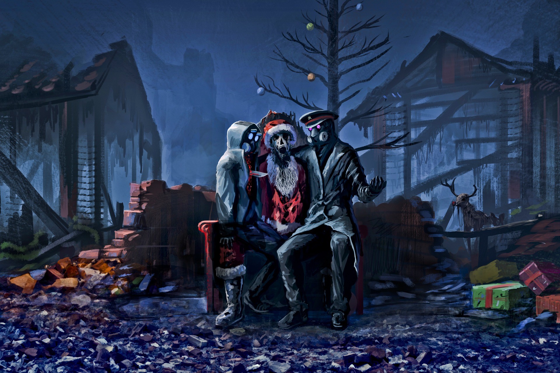 Post-apocalyptic Santa and friends with Christmas tree HD Wallpaper