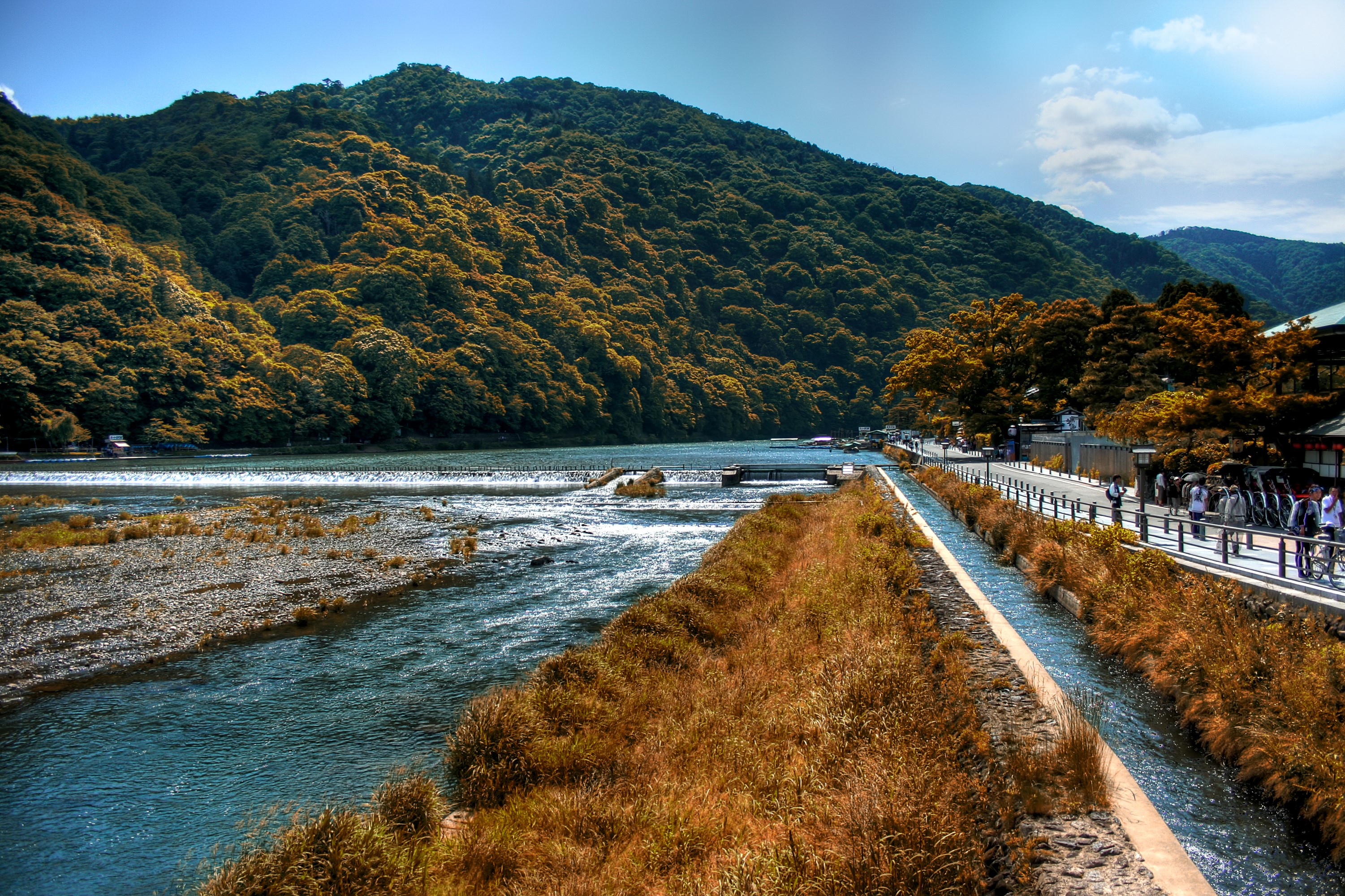 River and Mountain Landscape in Kyoto, Japan HD Wallpaper