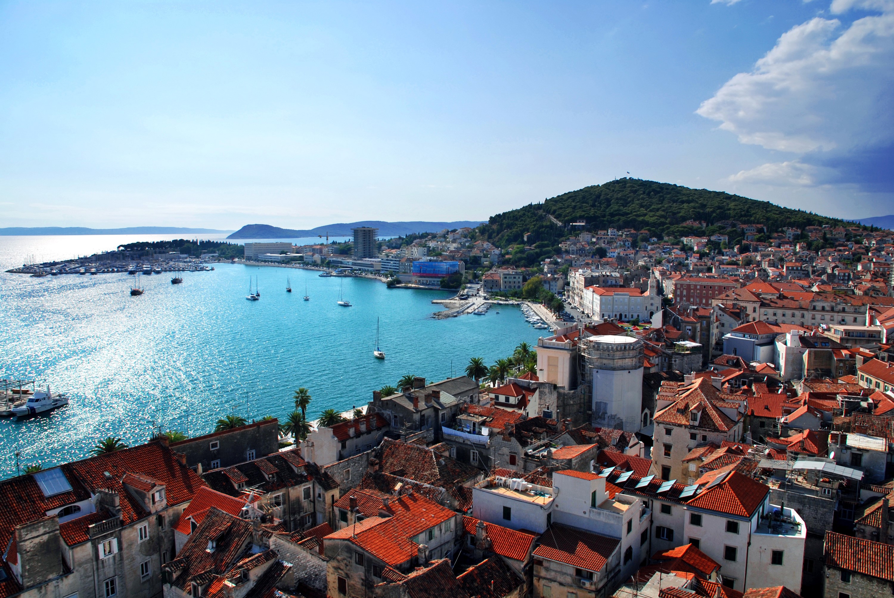 Split, Croatia: Cityscape with Harbor and Marjan Hill HD Wallpaper