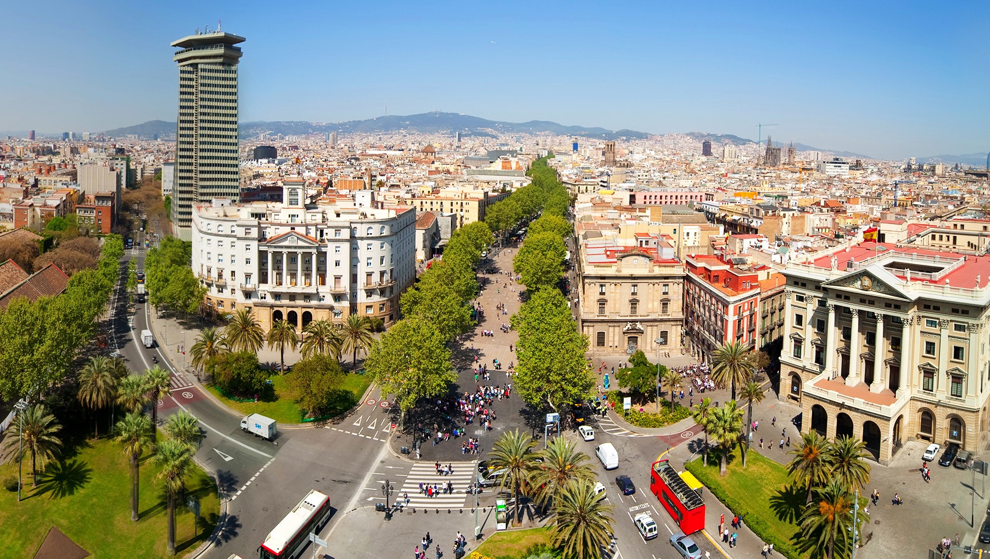 Barcelona cityscape with La Rambla and Torre de Glòries HD Wallpaper