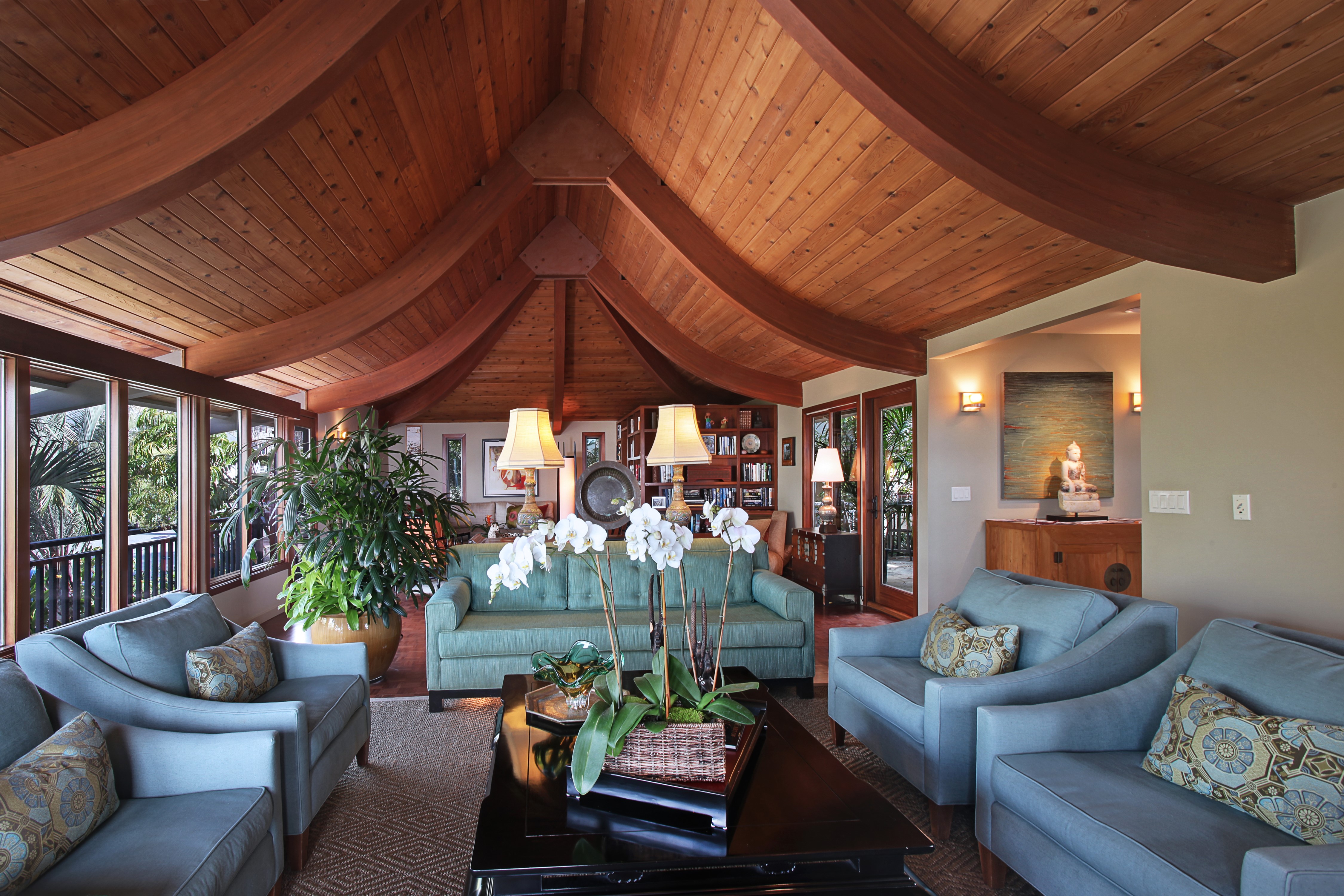 Living room with orchids and wooden ceiling HD Wallpaper