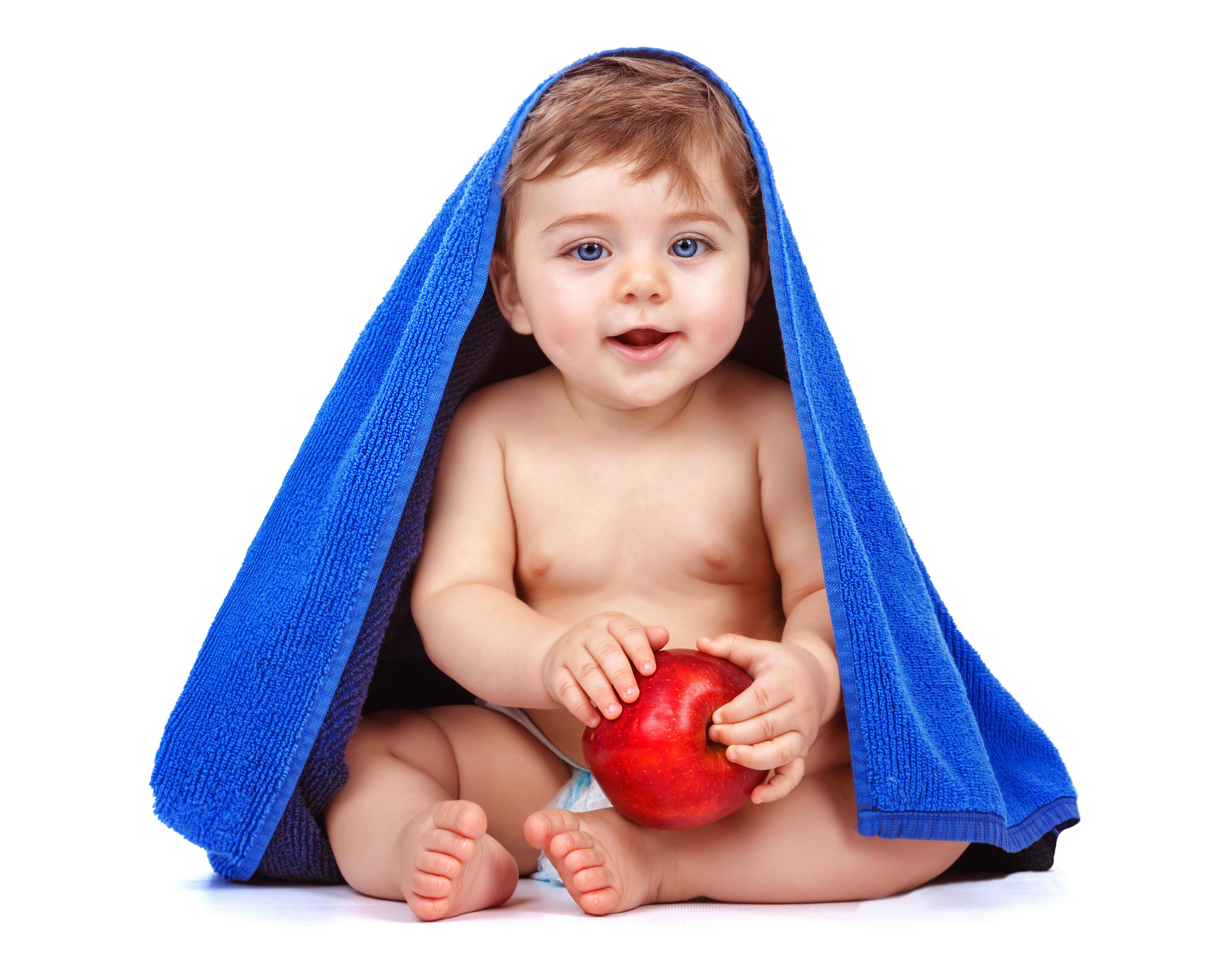 Baby with Blue Towel and Red Apple HD Wallpaper