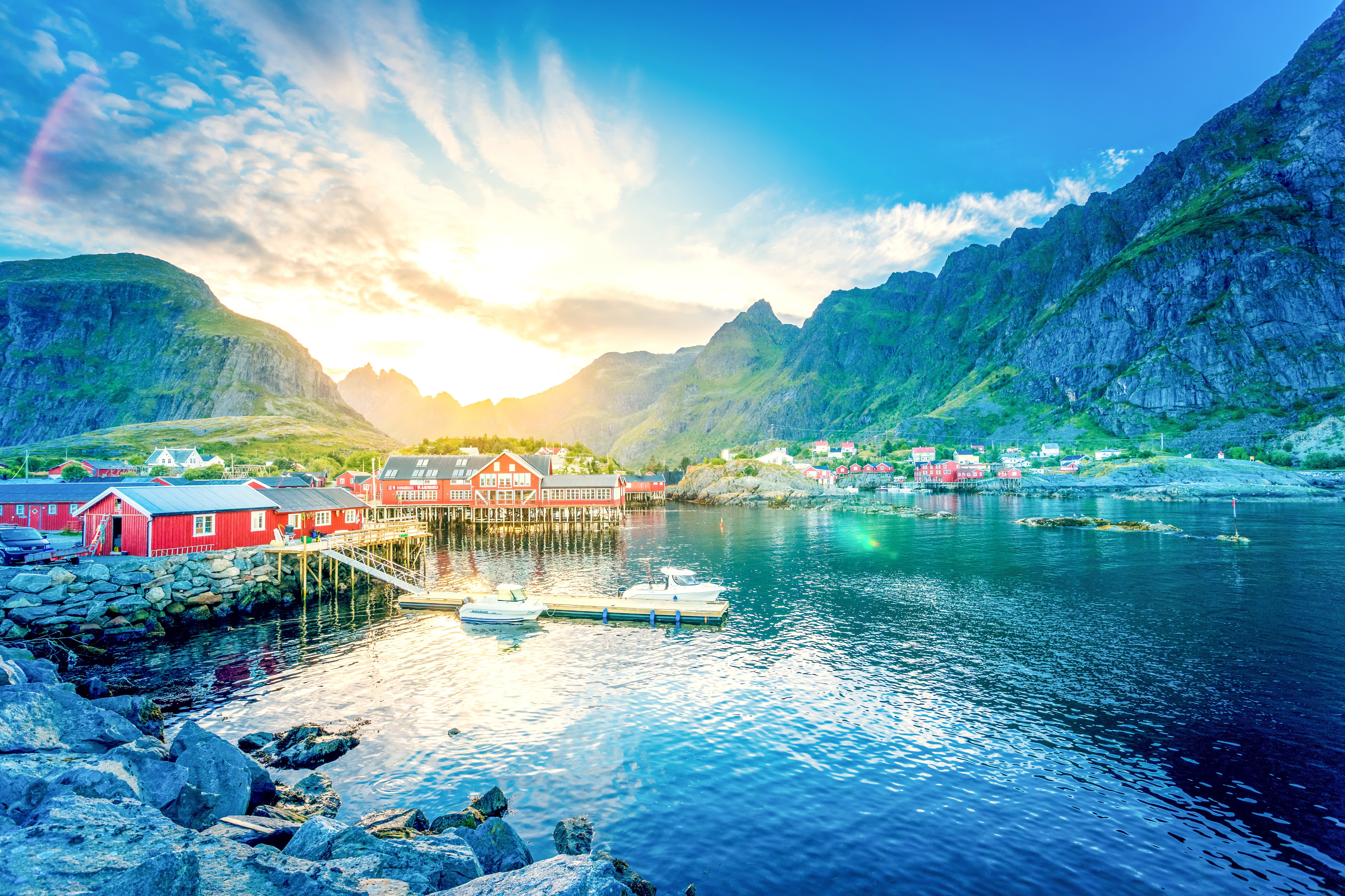 Norway Mountains and Houses by the Water at Sunset HD Wallpaper