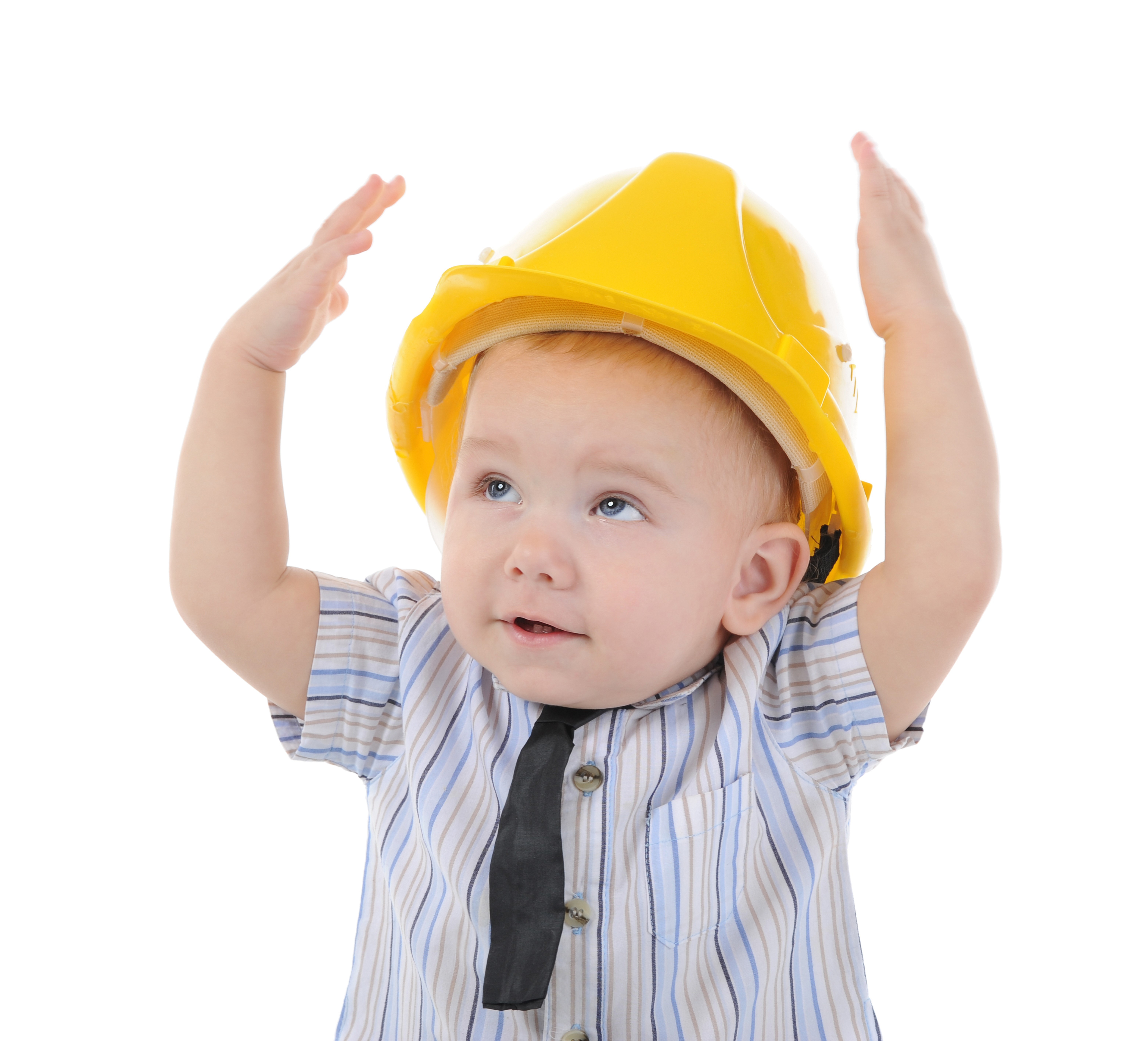Baby wearing a yellow construction helmet and tie HD Wallpaper
