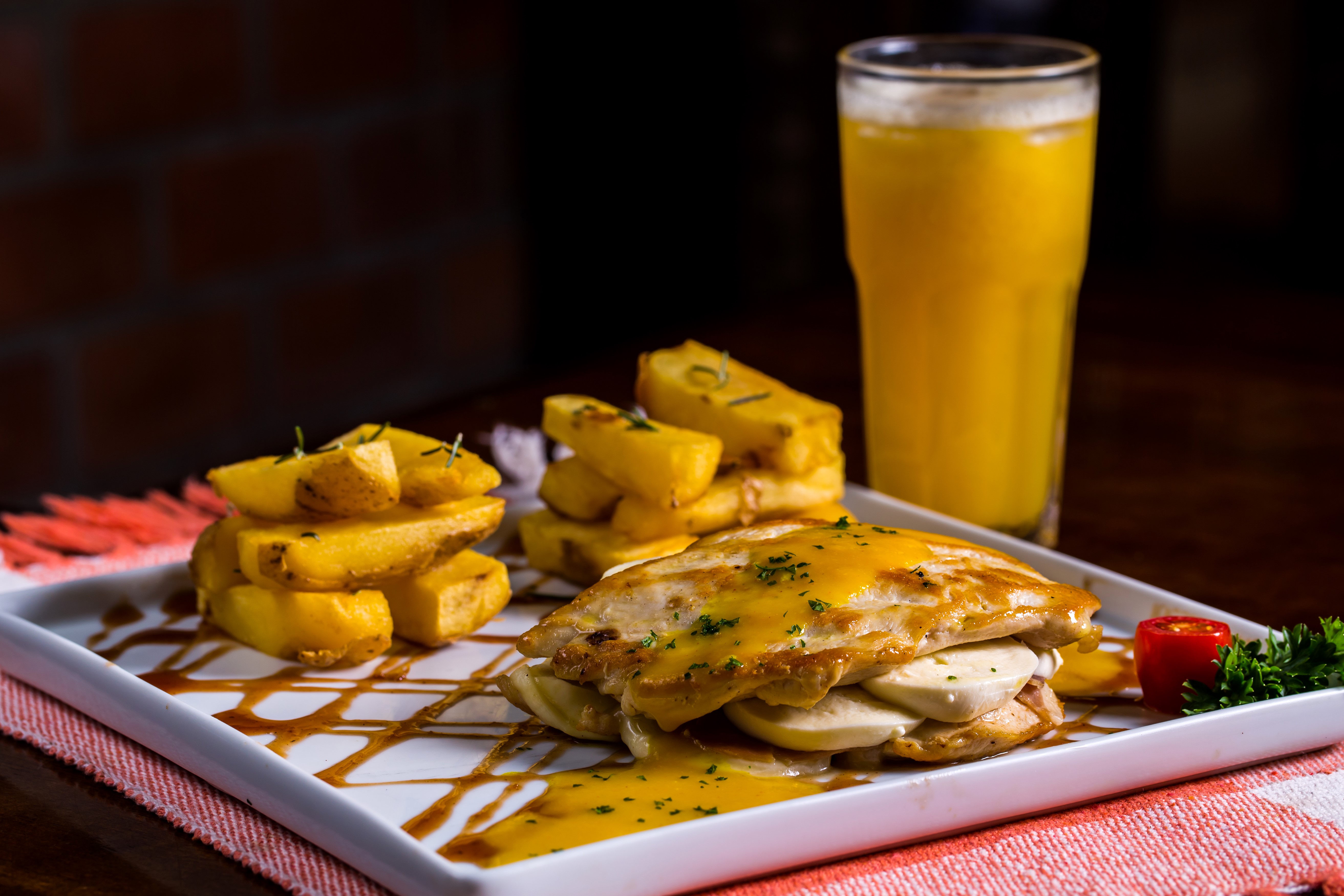 Chicken dish with fries and orange juice HD Wallpaper
