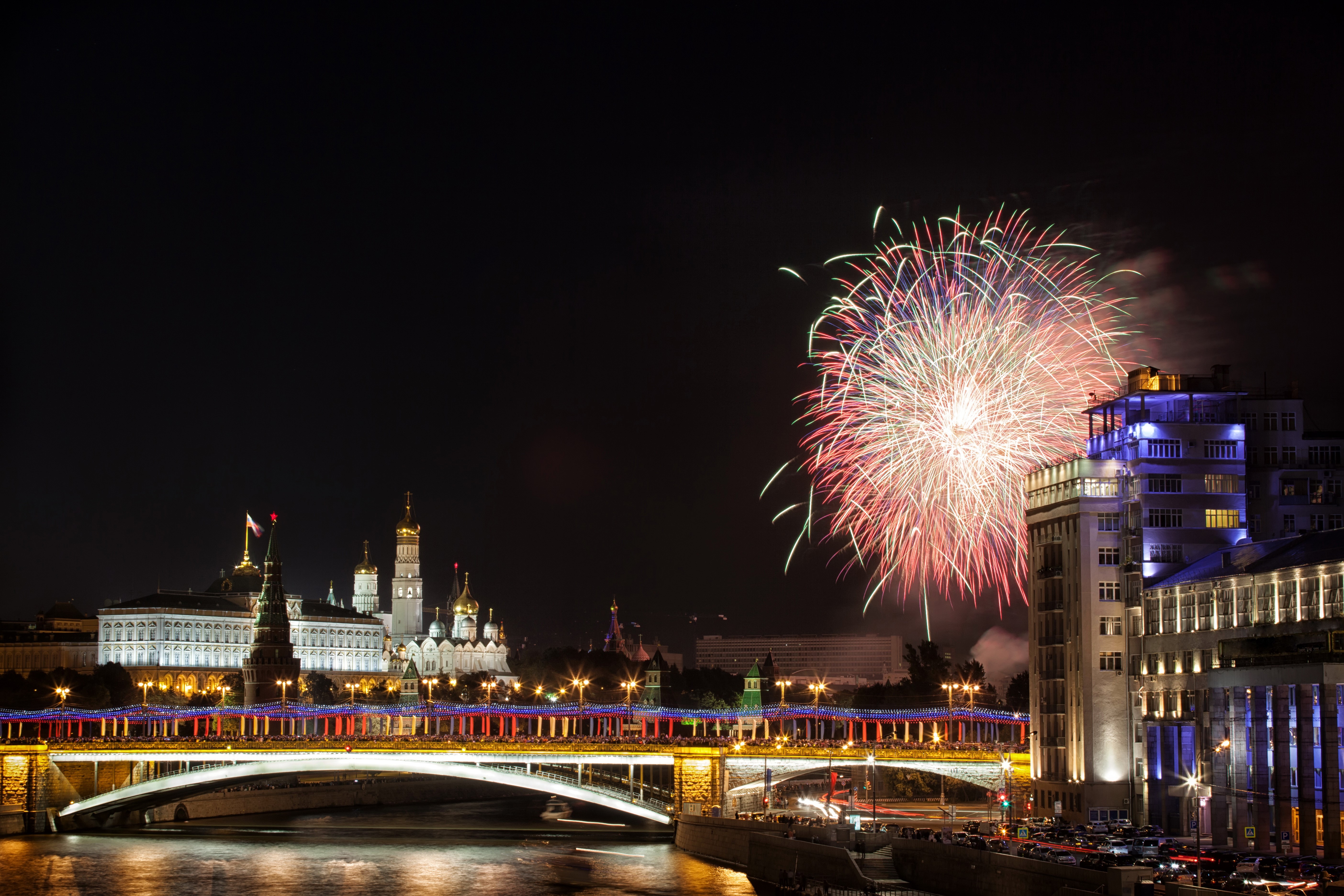 Moscow, Russia: Fireworks over Kremlin and Bridge at Night HD Wallpaper
