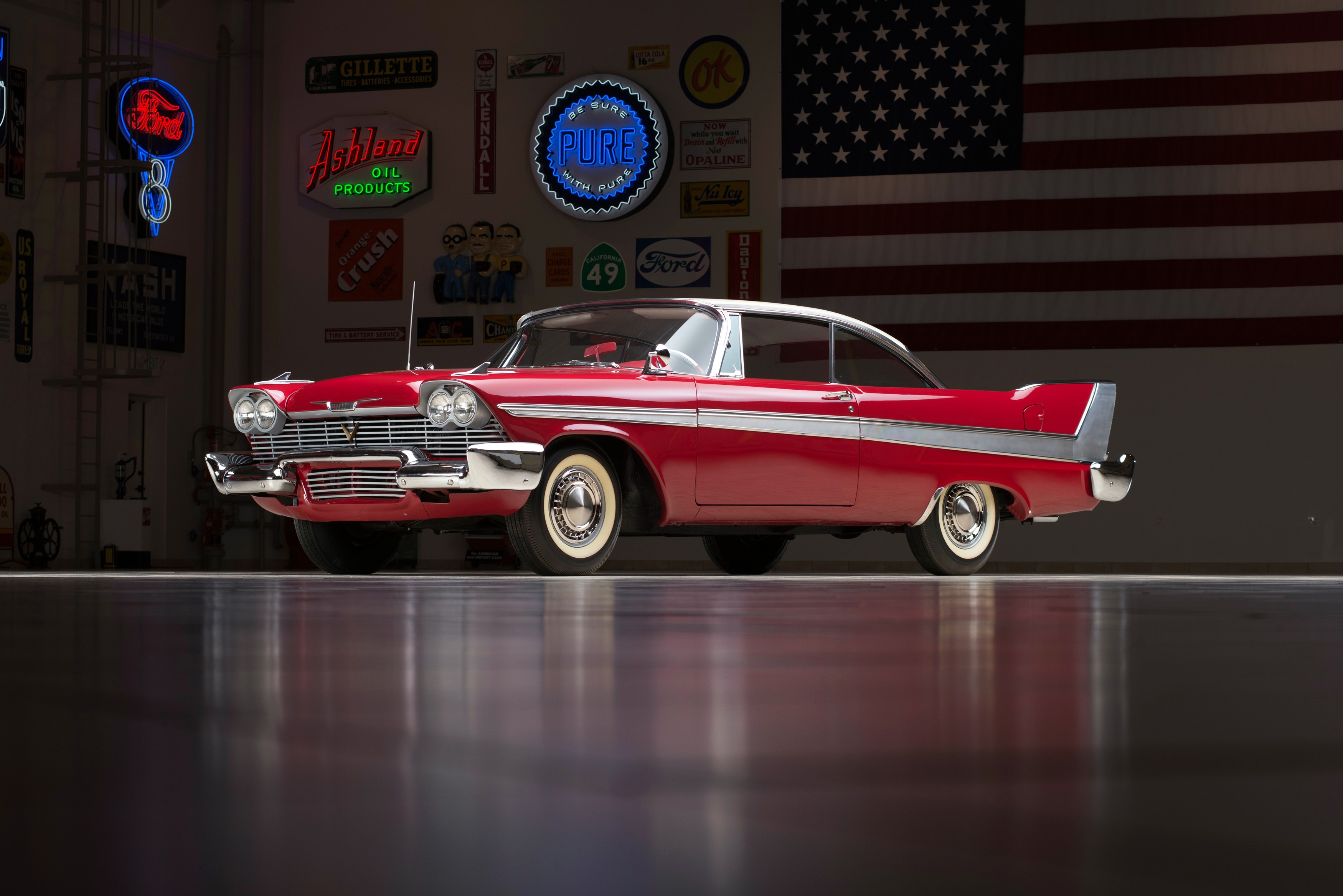 Red Plymouth with American Flag and Neon Signs HD Wallpaper