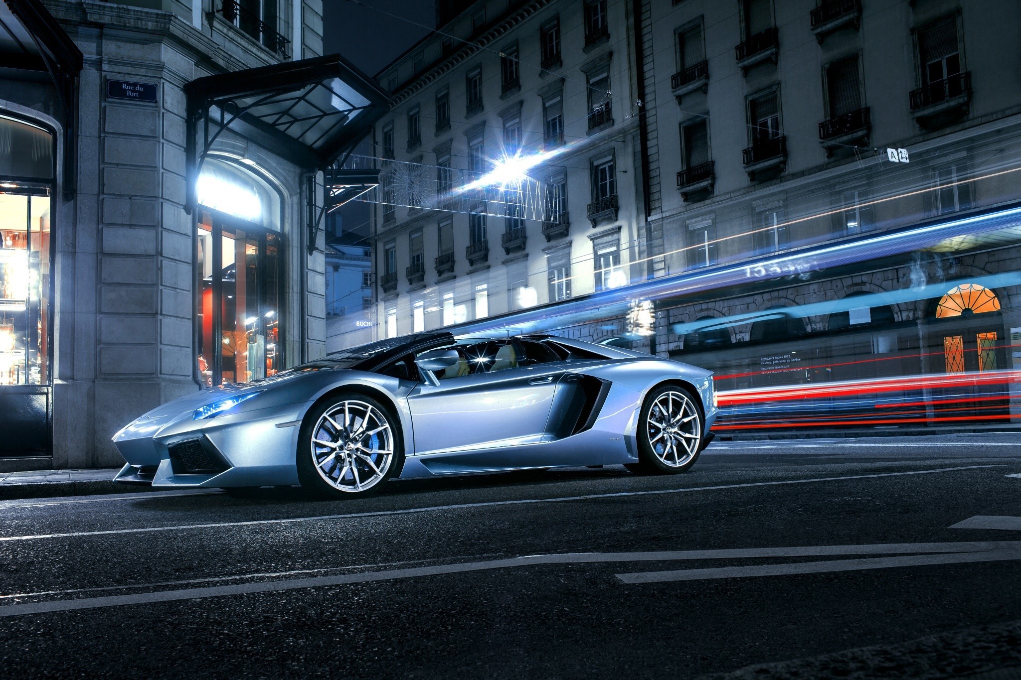 Lamborghini Aventador LP700-4 on a city street at night HD Wallpaper