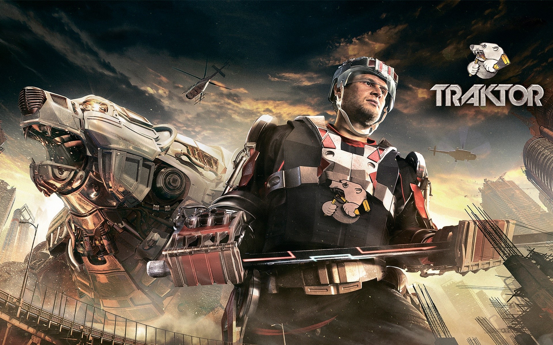 Traktor with a robotic bear and helicopters HD Wallpaper