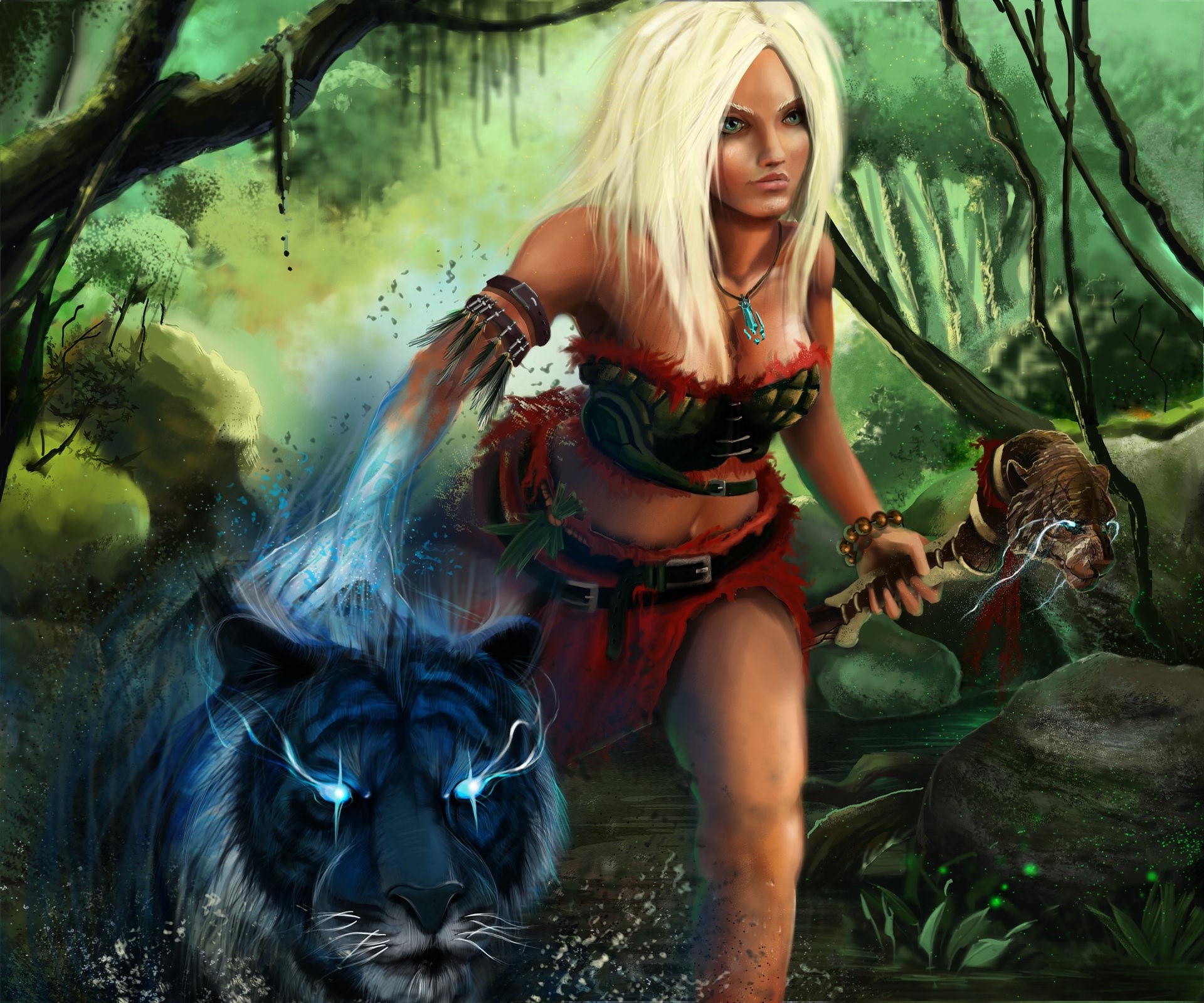 Blonde woman with magic tiger and mage staff in forest HD Wallpaper