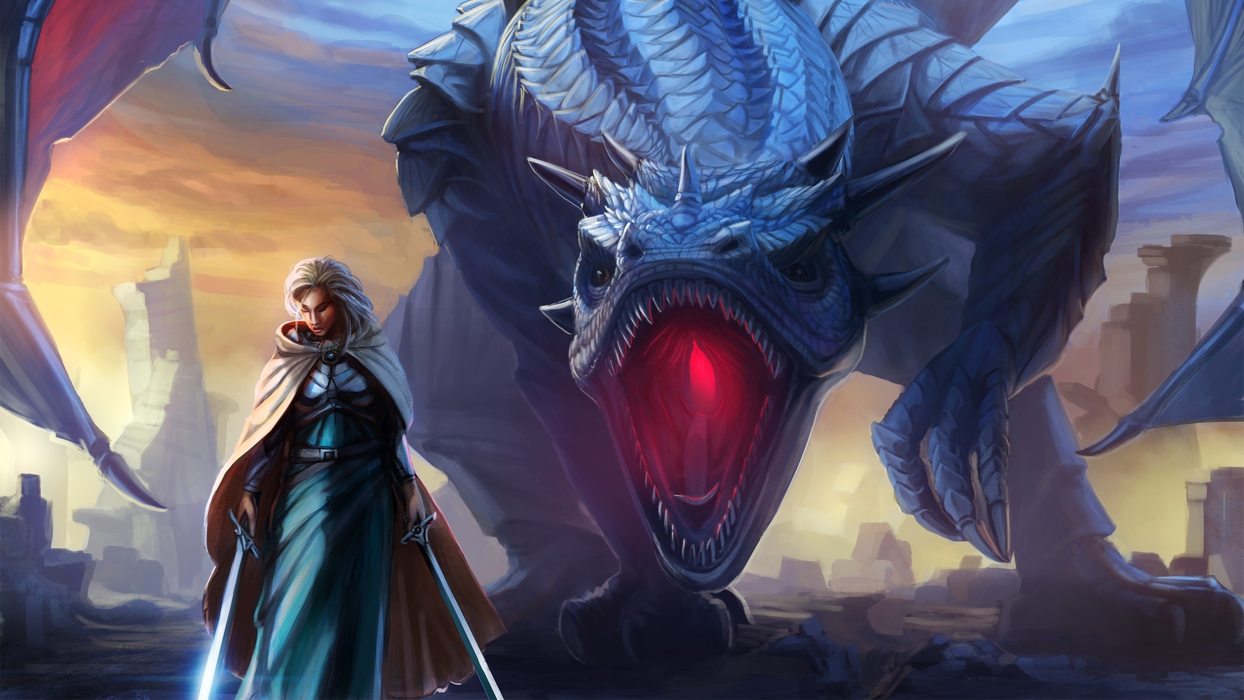 Warrior with swords and a blue dragon HD Wallpaper