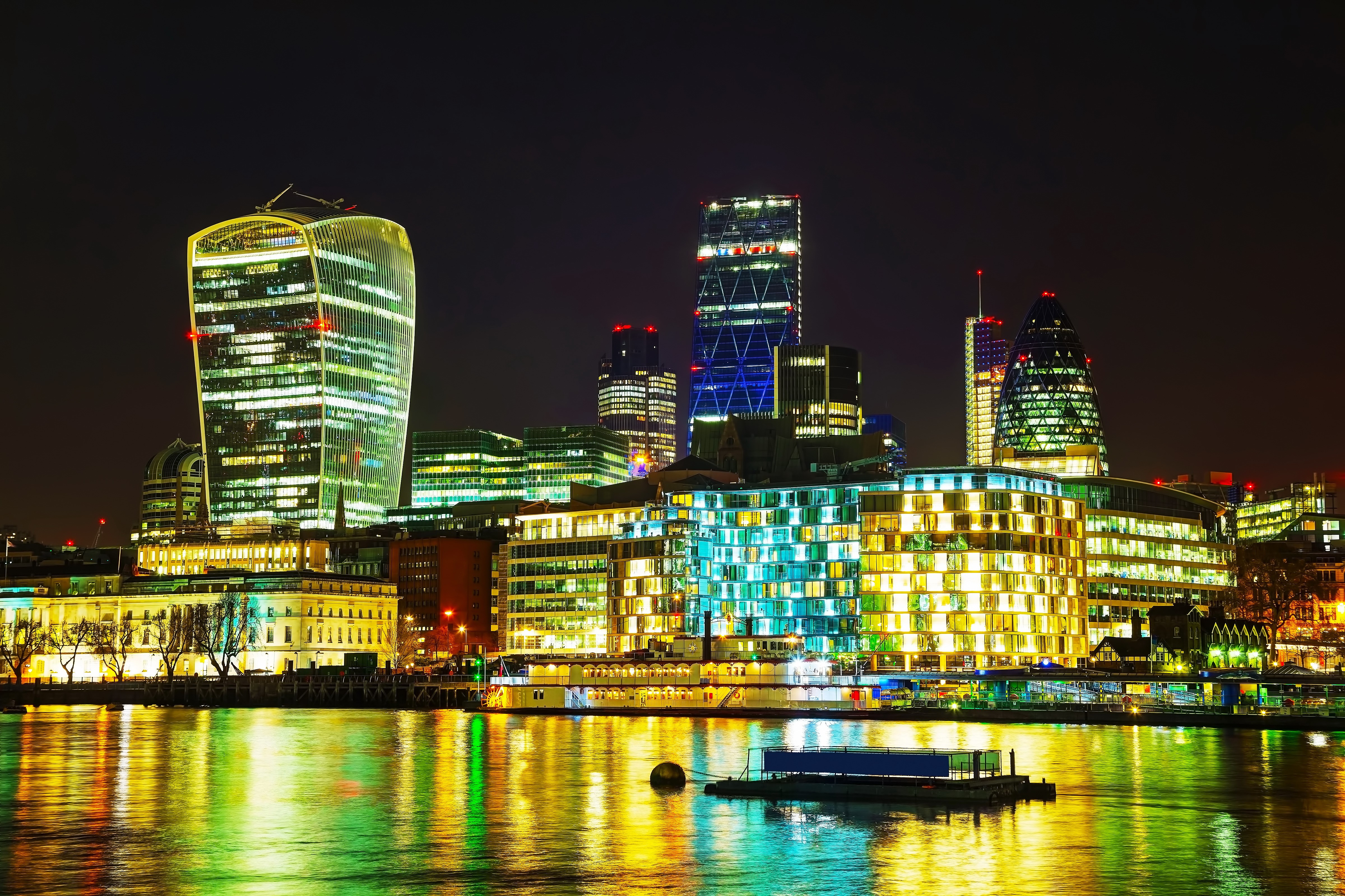London Skyline at Night with River Thames HD Wallpaper
