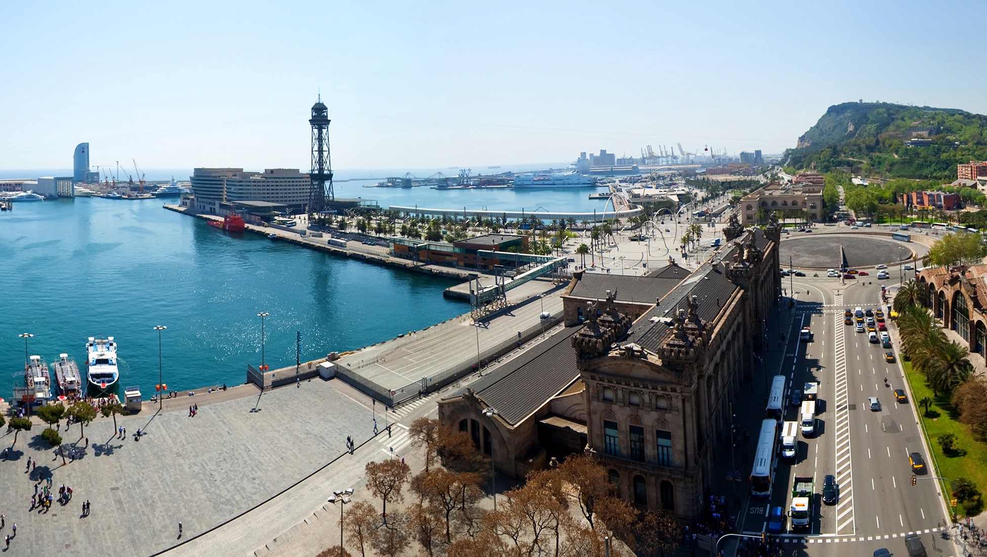 Barcelona Port with Montjuïc Hill and Torre Sant Sebastià HD Wallpaper