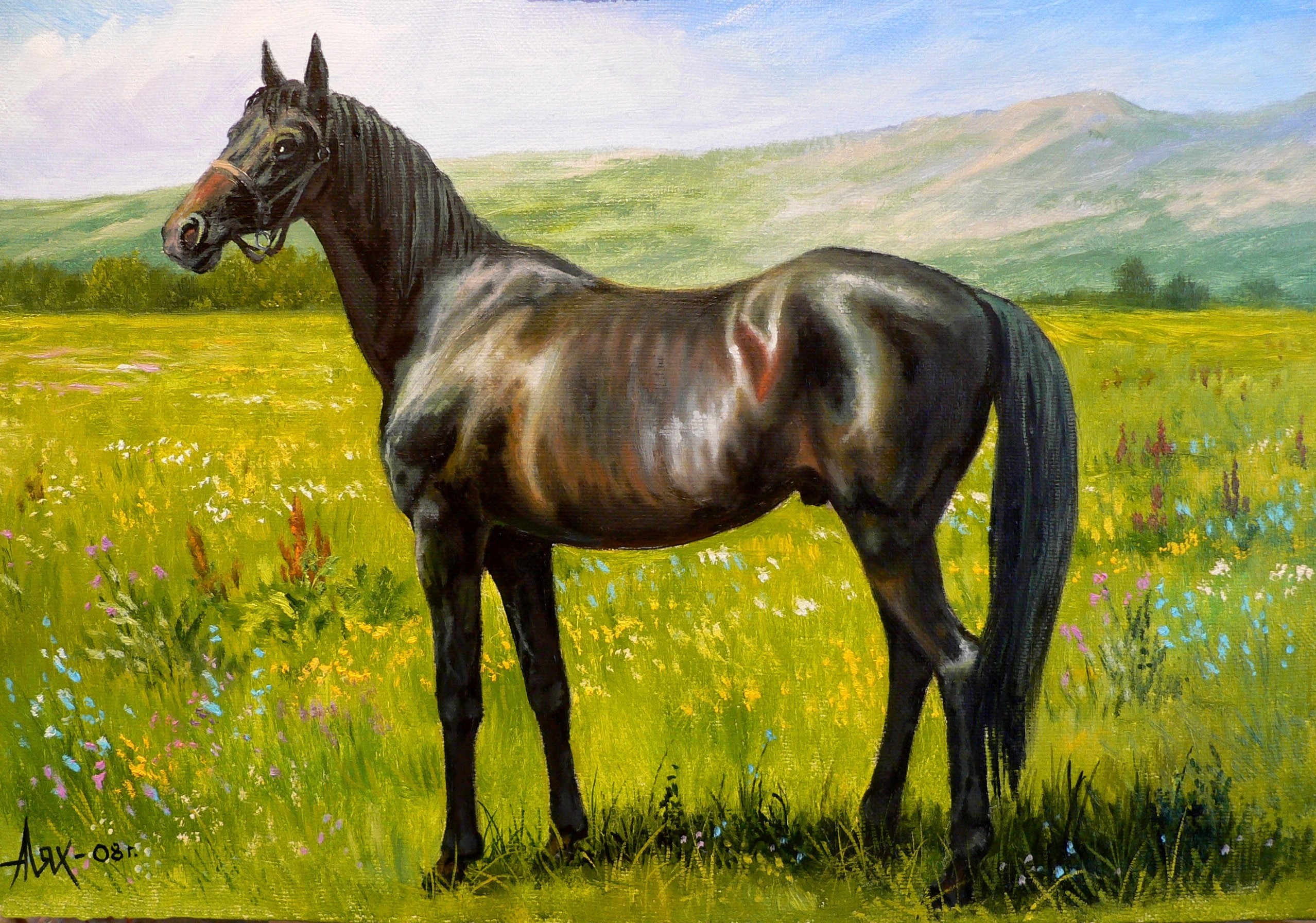 Andrew Lyakh's Painting of a Horse in a Field HD Wallpaper