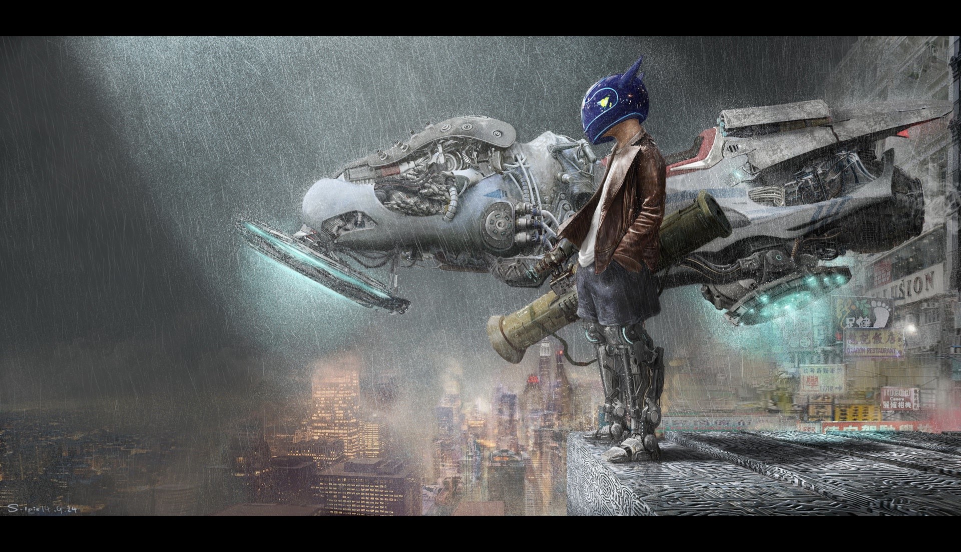 Boy with cybernetic legs and helmet near a futuristic vehicle HD Wallpaper