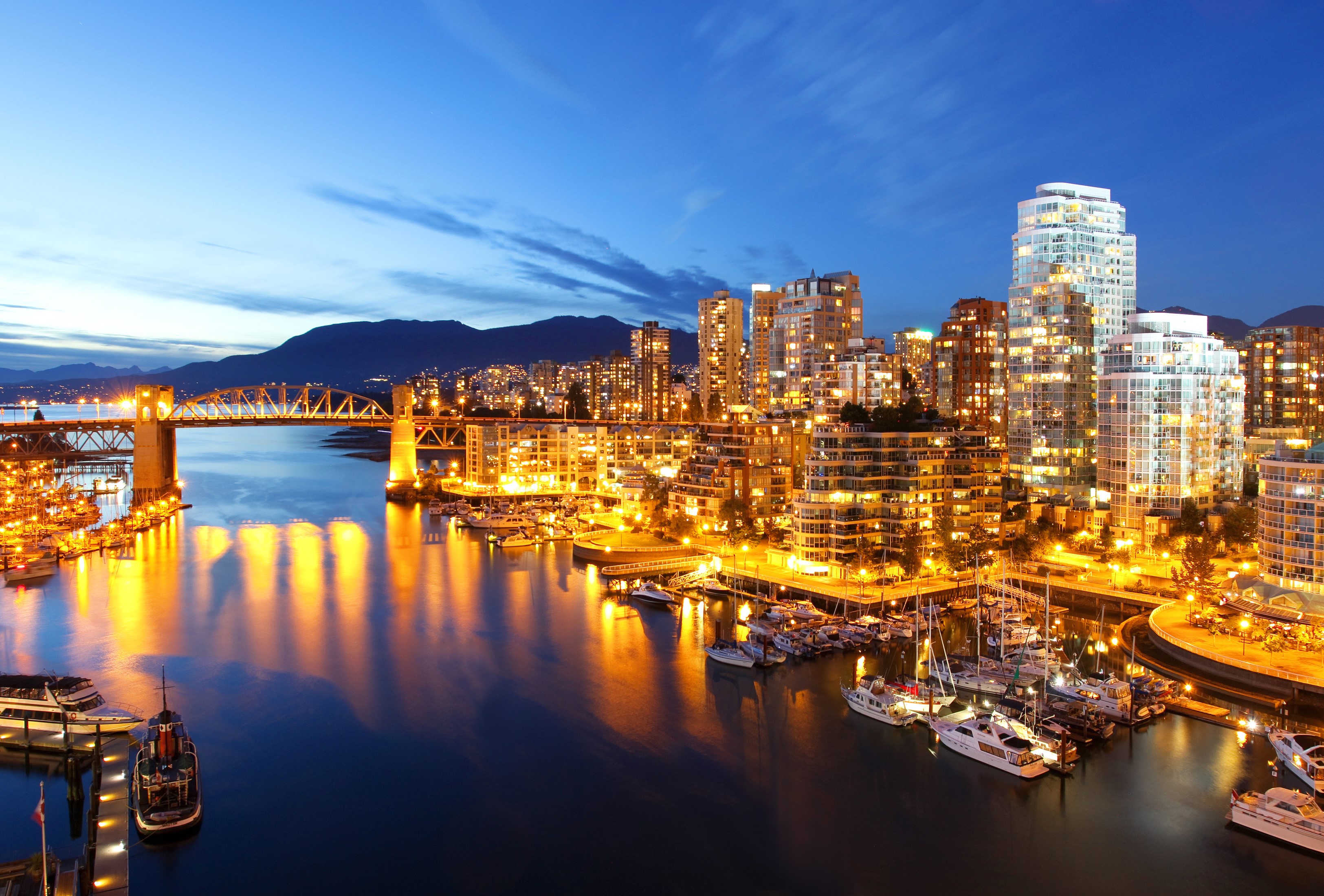 Vancouver skyline and bridge at night HD Wallpaper
