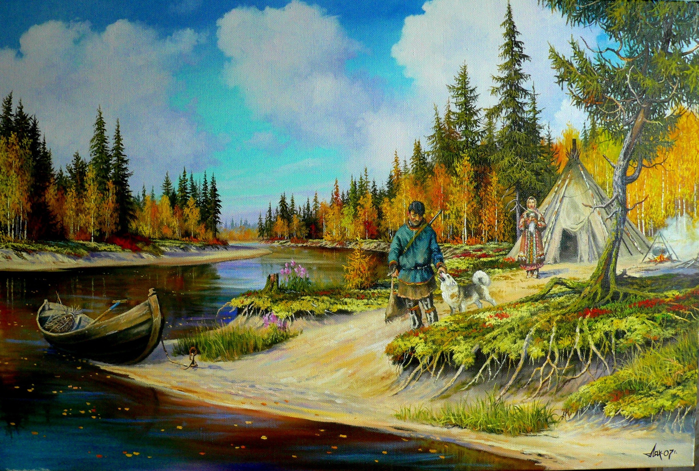 Painting of a man and woman in traditional clothing by a river HD Wallpaper
