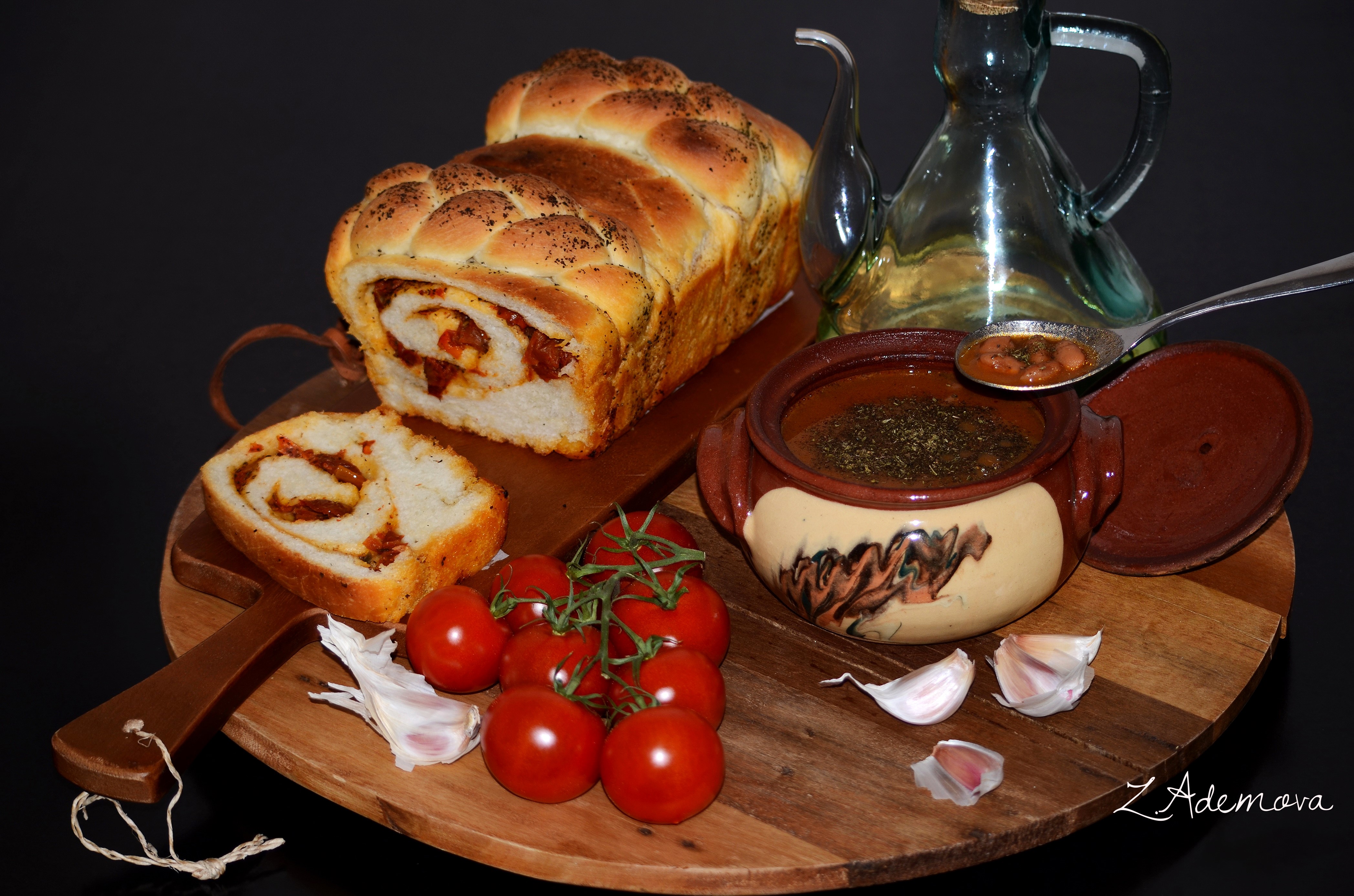 Still-life with bread, soup, tomatoes, and garlic HD Wallpaper