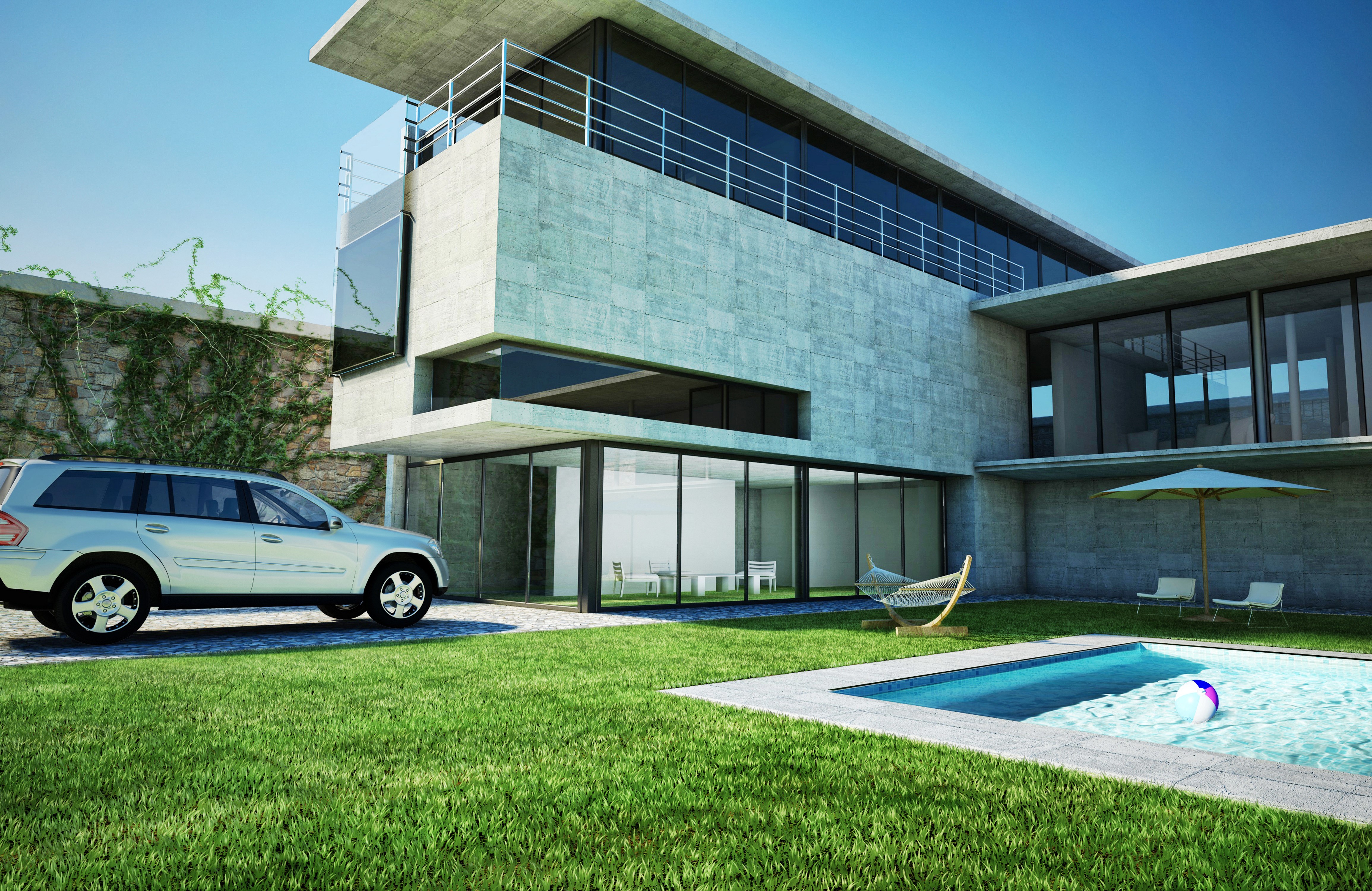 Modern House Design with Car and Pool HD Wallpaper