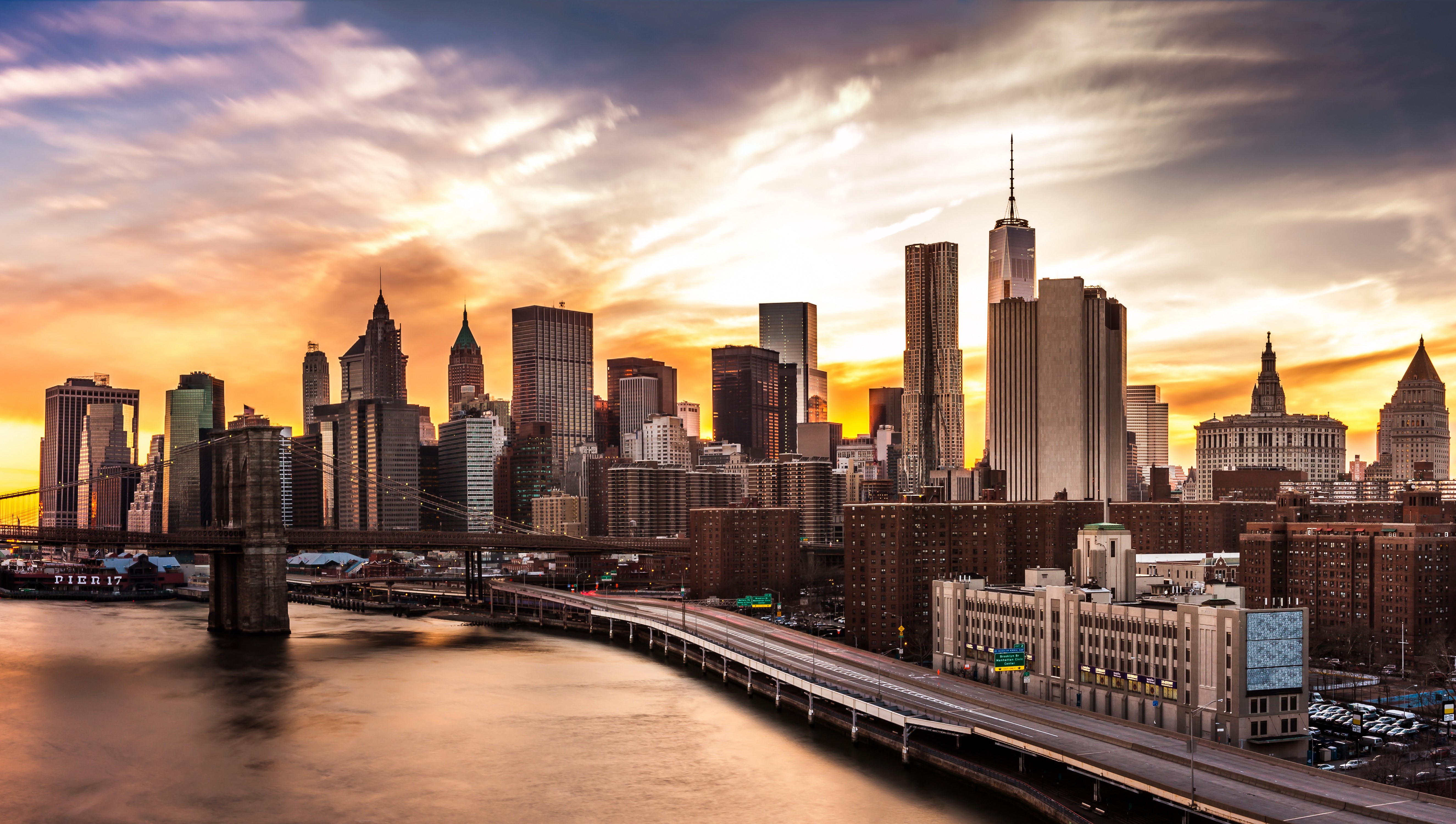 New York City Skyline and Brooklyn Bridge at Sunset HD Wallpaper