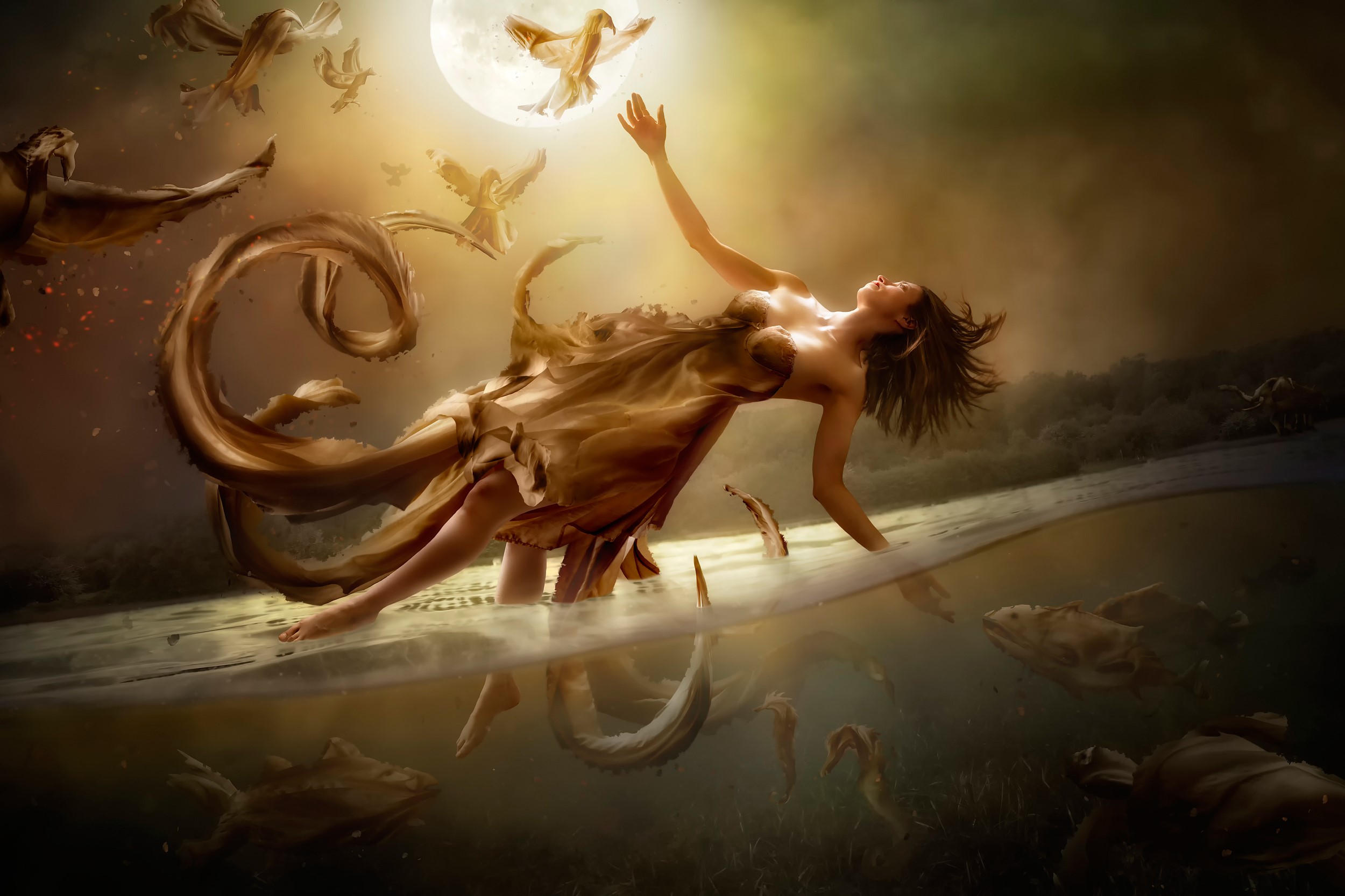 Woman in flowing dress reaching for birds near moon HD Wallpaper