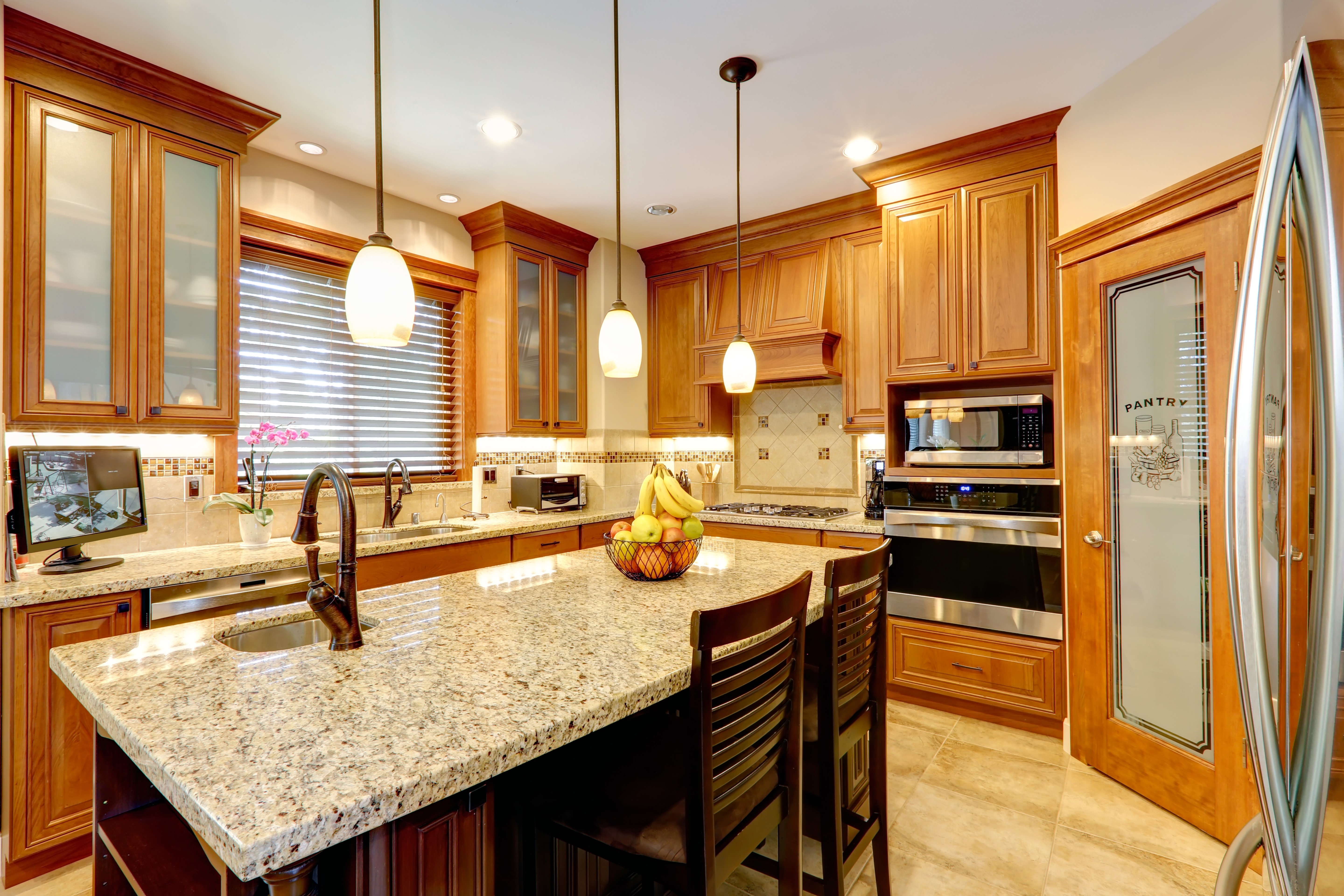 Kitchen Interior Design with Wooden Cabinets and Island HD Wallpaper