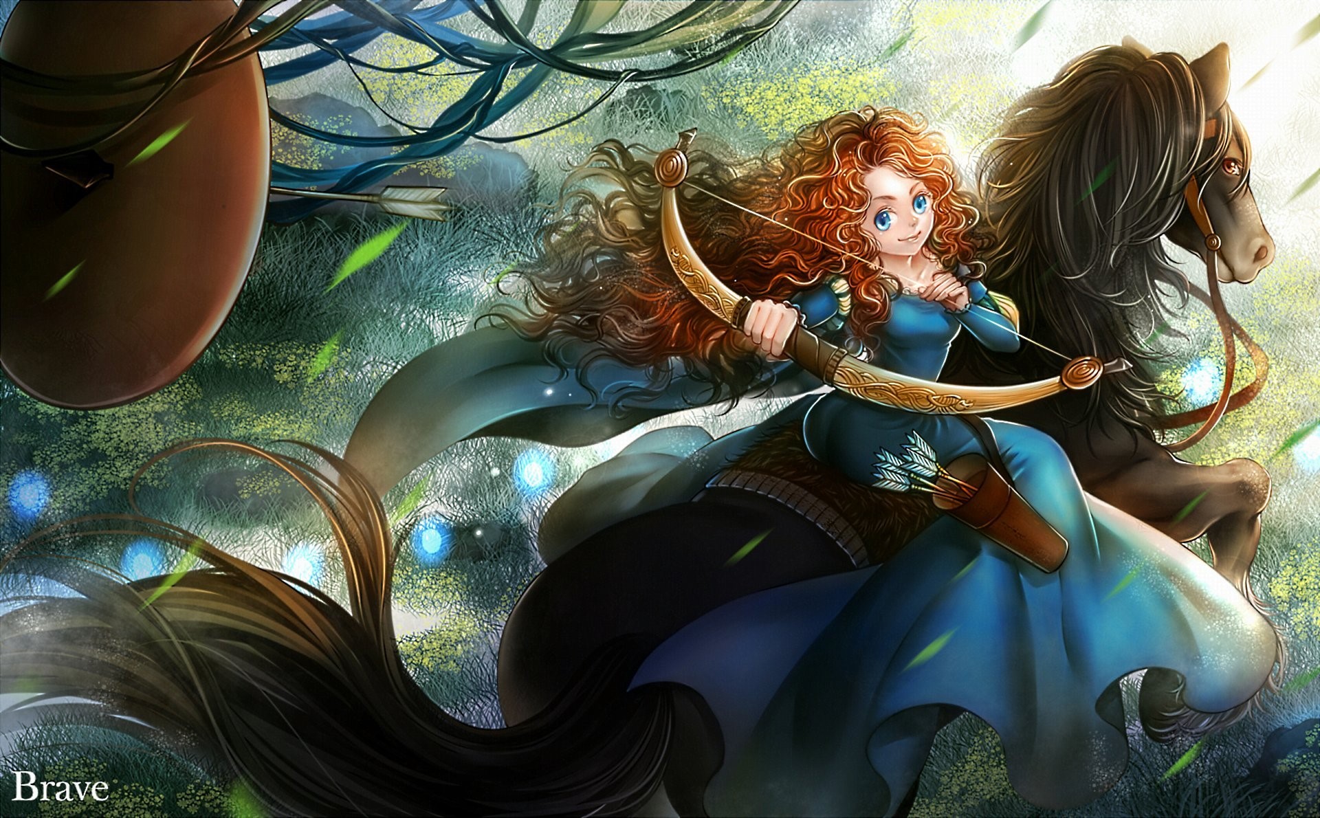Merida from Brave riding a horse with a bow HD Wallpaper