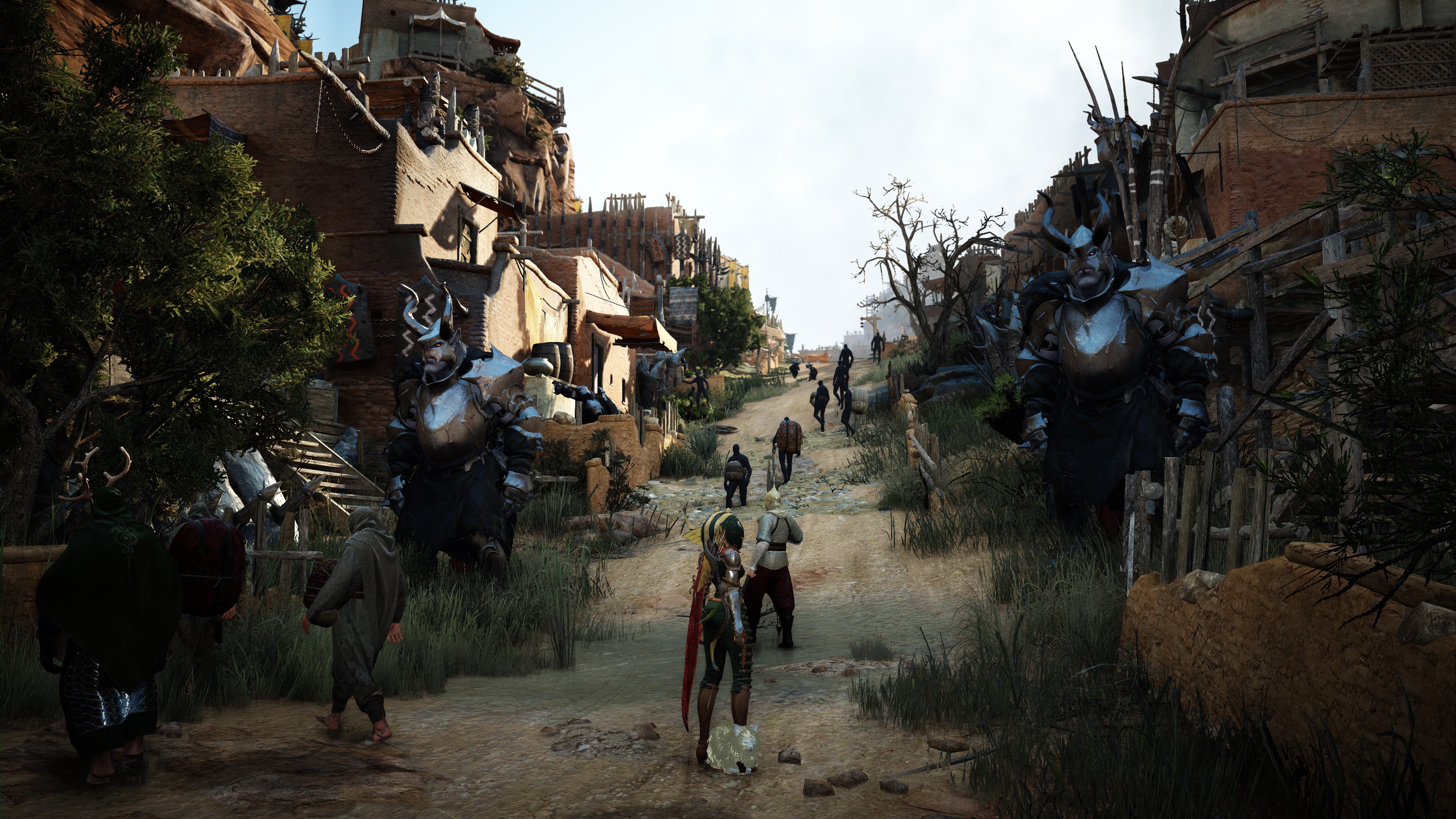 Warriors in armor in a village in Black Desert HD Wallpaper