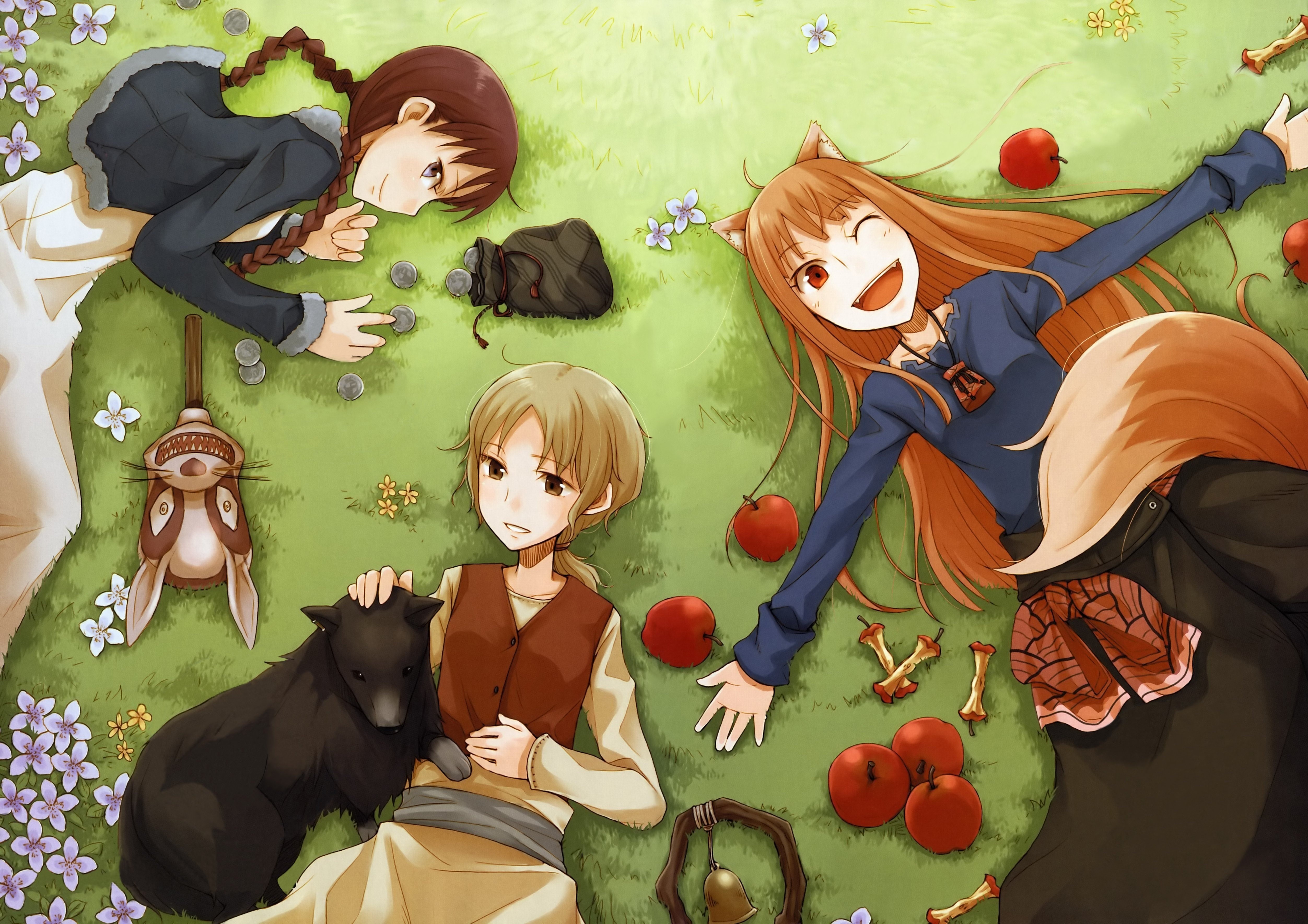 Spice and Wolf: Holo and Lawrence with a dog and rabbit toy HD Wallpaper