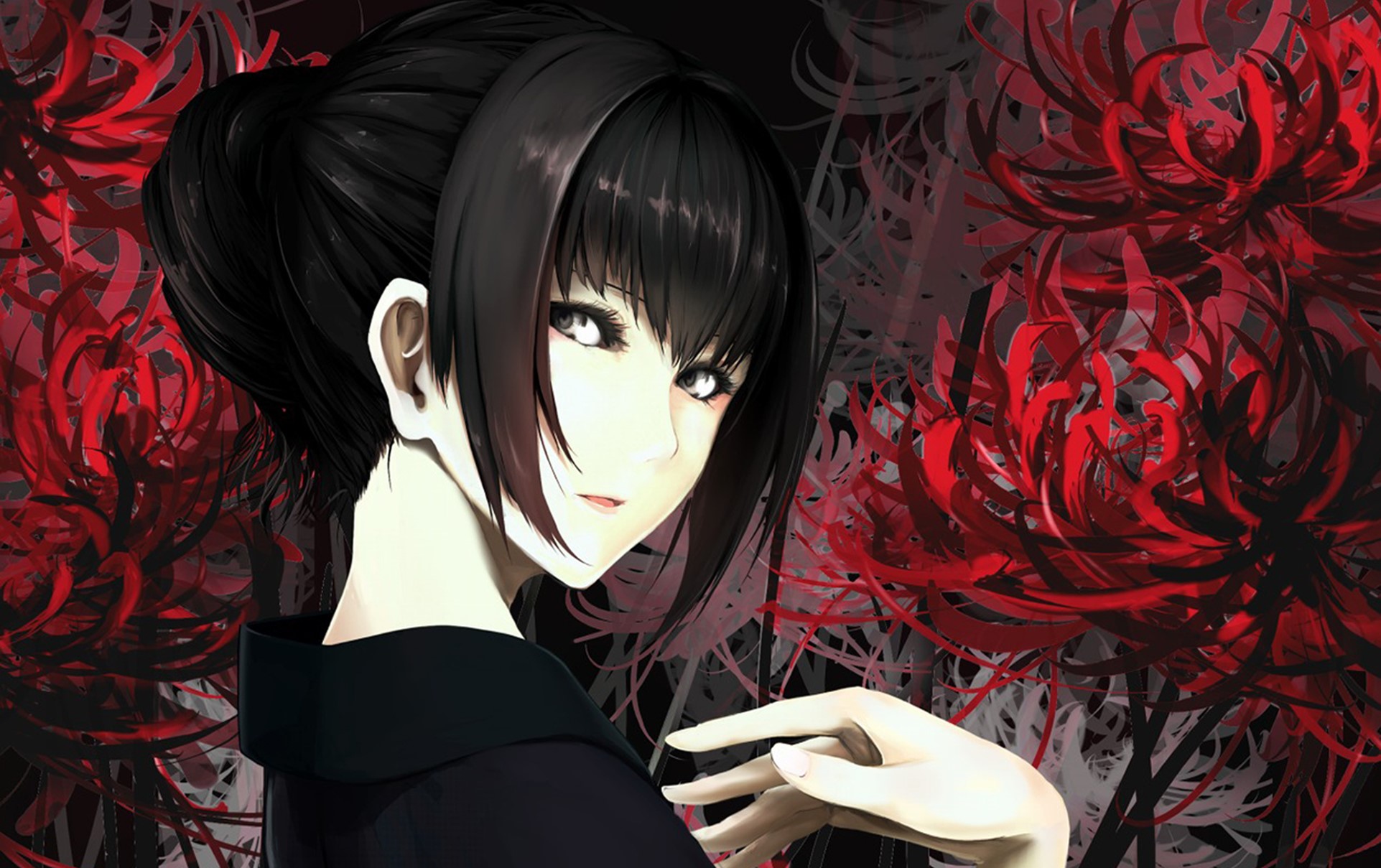Brunette girl with red spider lilies HD Wallpaper