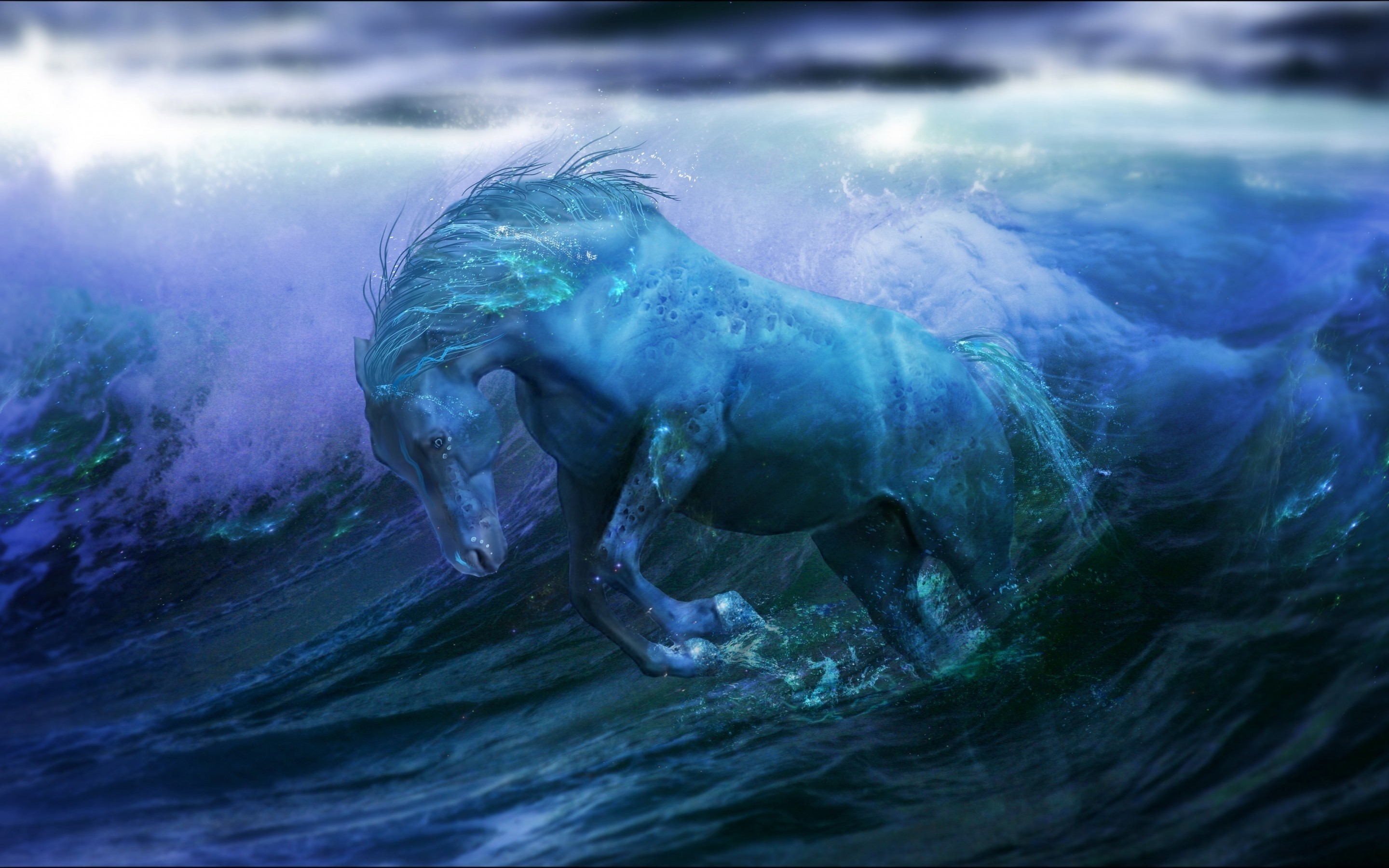 A blue horse emerges from ocean waves HD Wallpaper