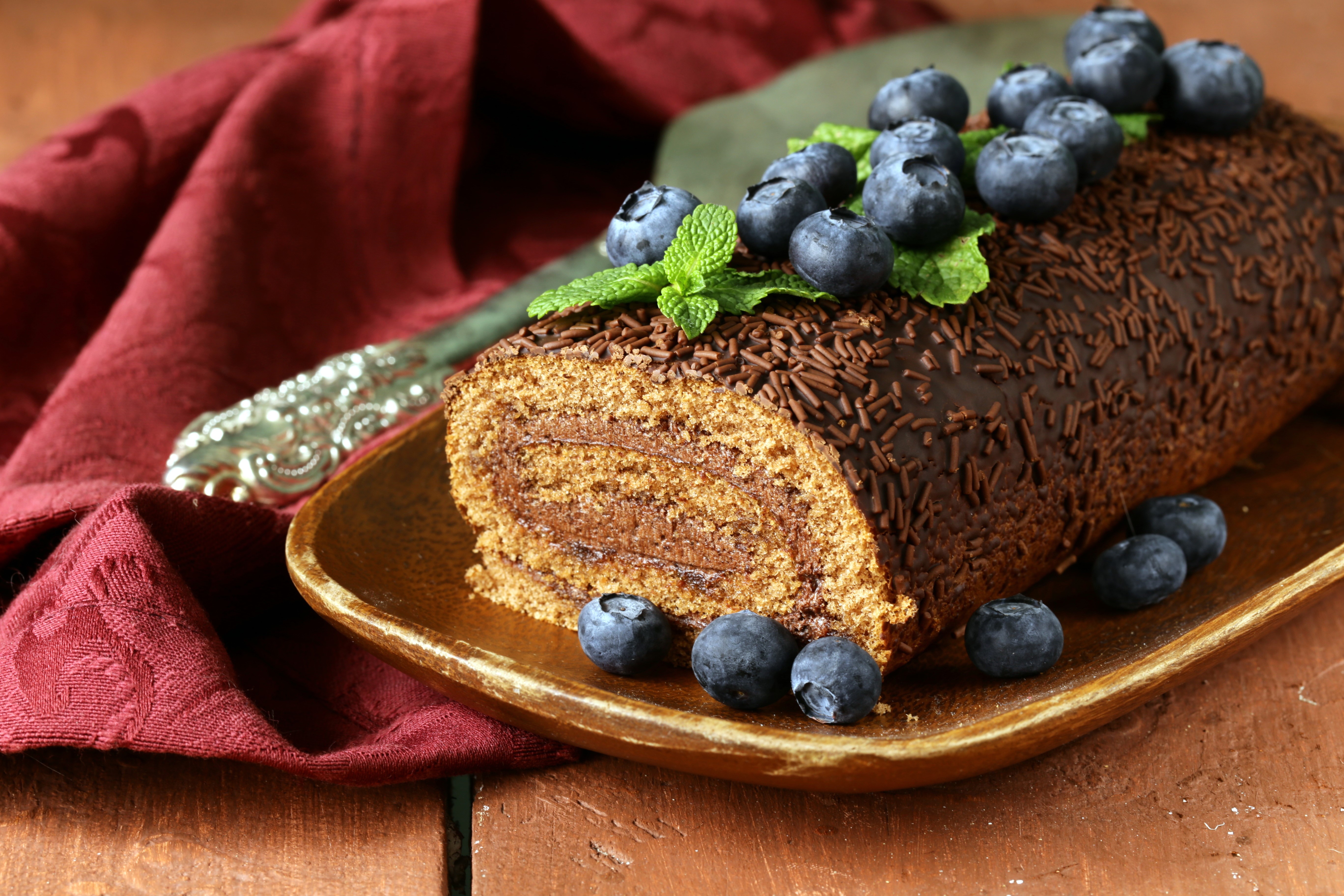 Chocolate Swiss Roll with Blueberries and Sprinkles HD Wallpaper