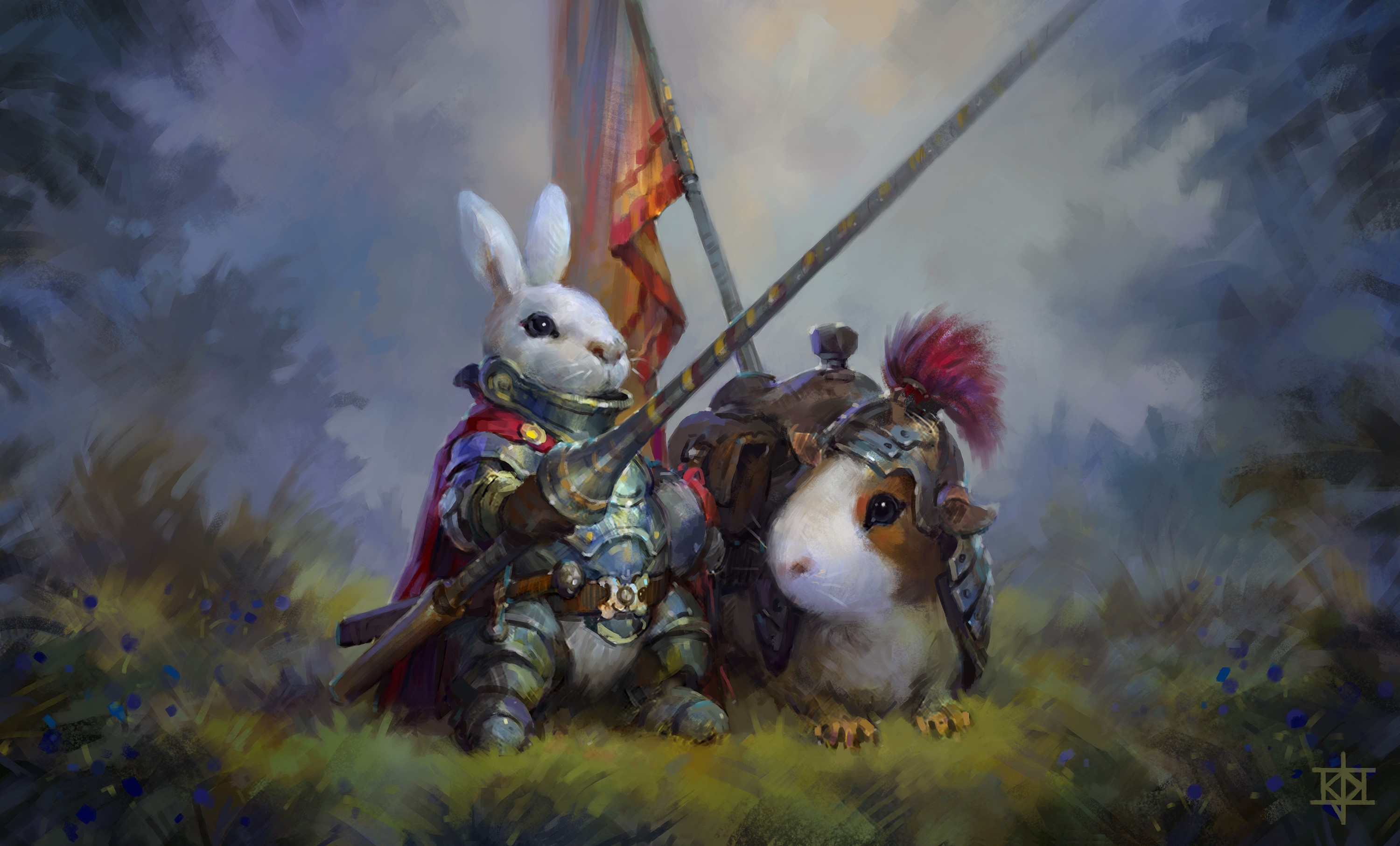 Rabbit and Guinea Pig Knights in Armor with Spears HD Wallpaper